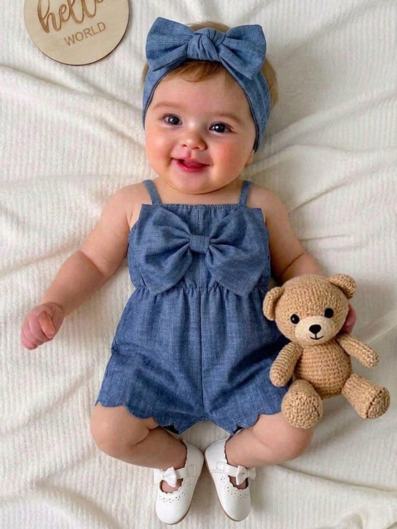 SHEIN Baby Girl Cute Casual Cute Summer Bow Decor Spaghetti Strap Romper Family Photoshoot Blue