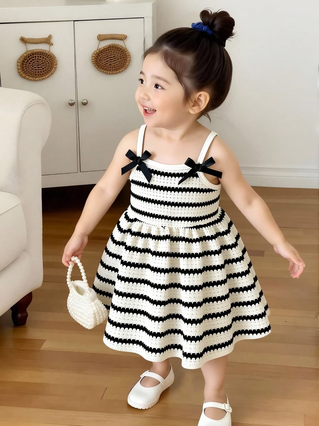 SHEIN Playful Pals Baby Girls' Black And White Checkered Spaghetti Strap A-Line Dress,Cute,Elegant,Birthday,Summer Beach Vacation Loose Fit Outdoor Picnic Casual Wear