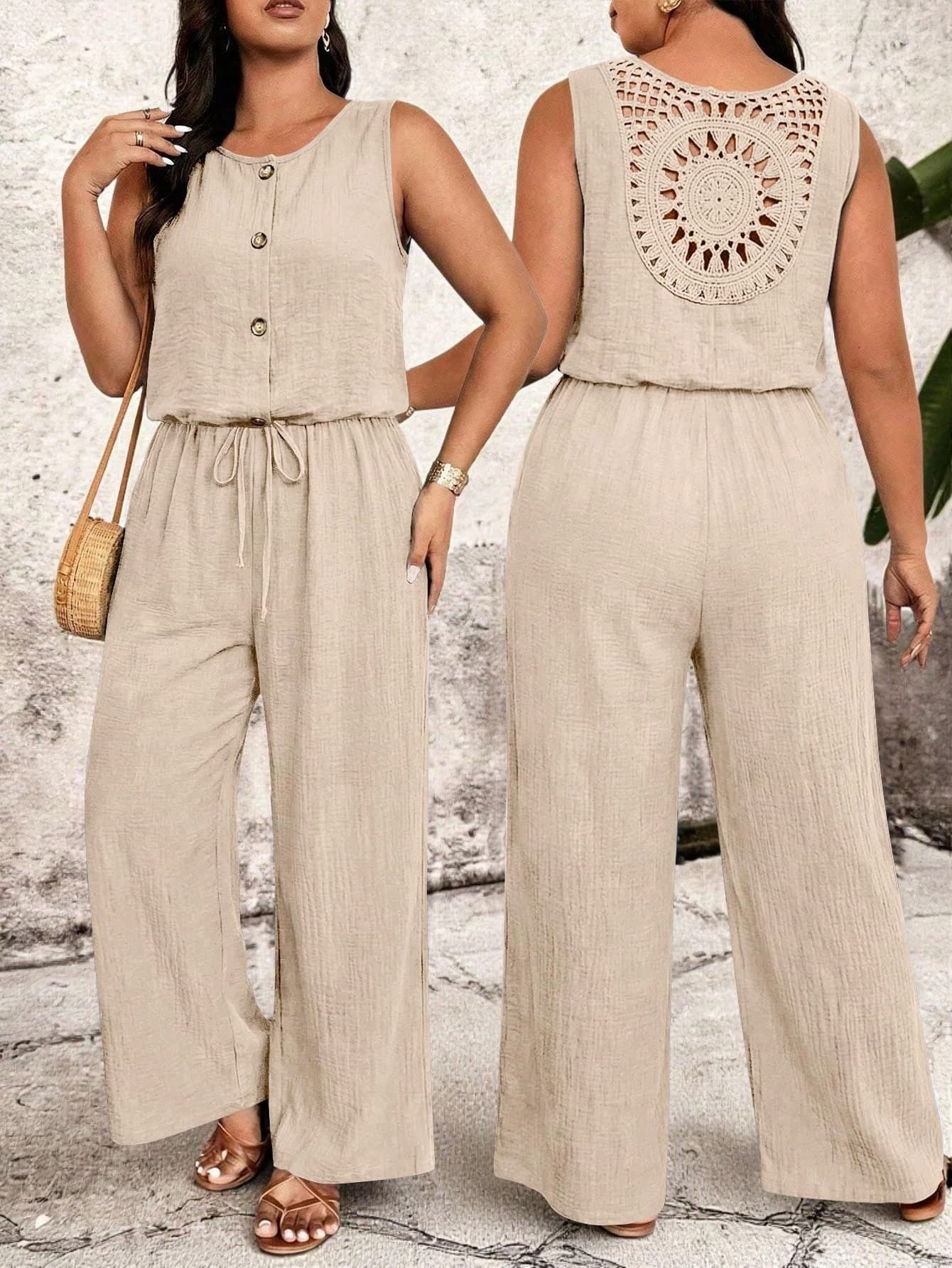 Breezaya Plus Size Solid Color Round Neck Backless Lace Trim Sleeveless Elastic Waist Jumpsuit