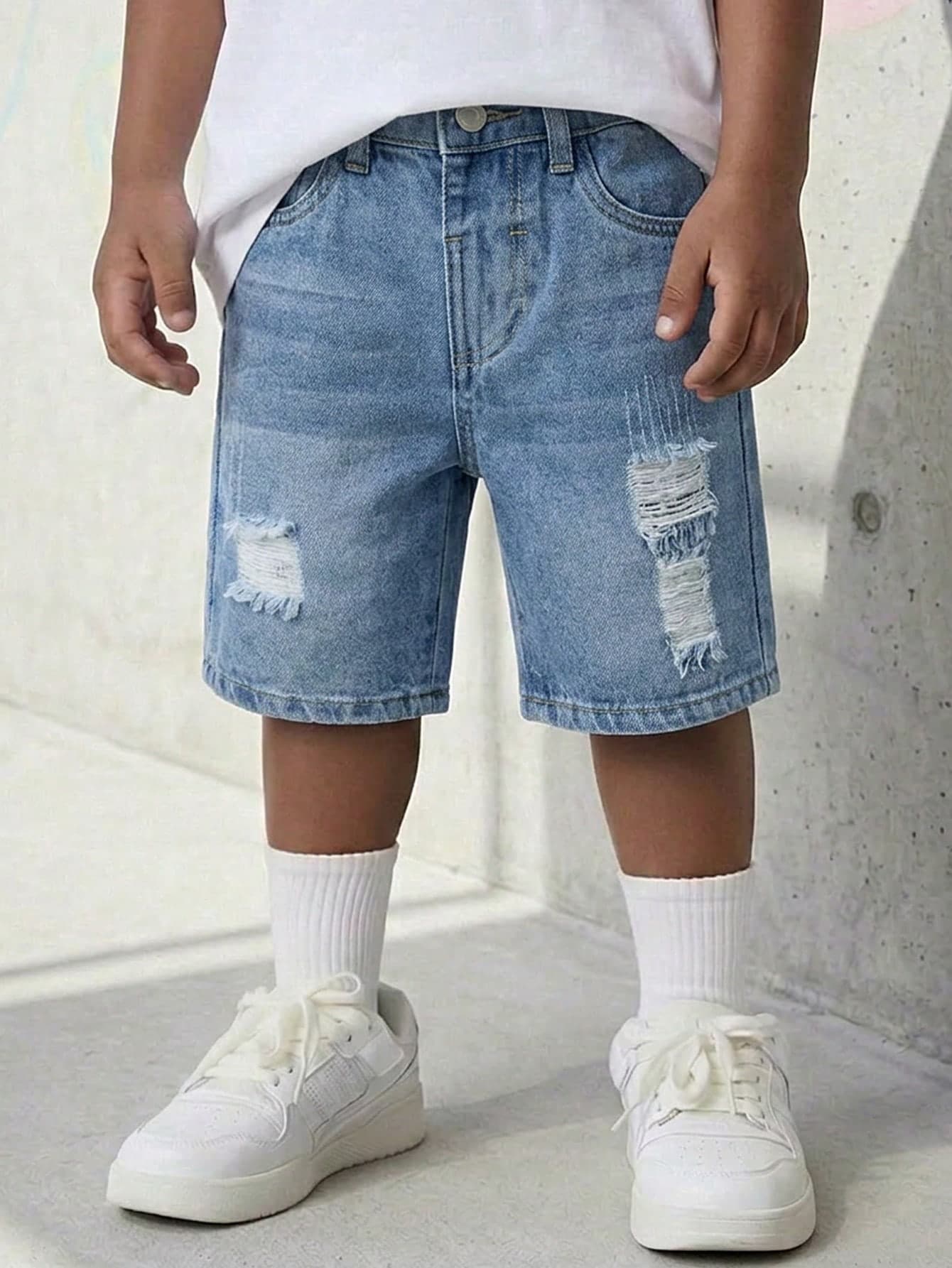SHEIN Playful Pals Young Boys Denim Shorts,Summer New Arrival Stylish Casual Light Blue Vintage Distressed Ripped Straight Leg Loose Fit Comfortable Soft Jeans