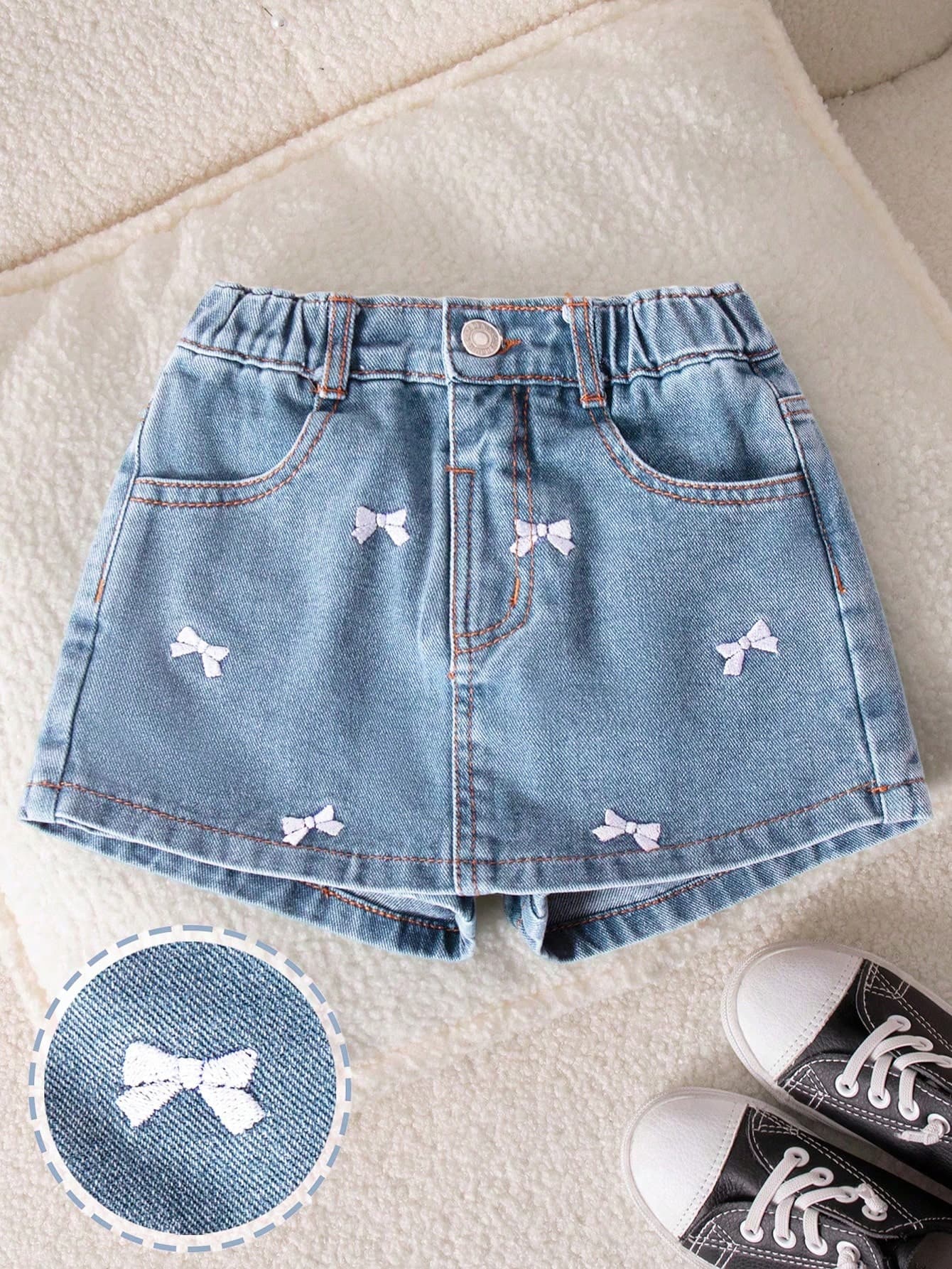 Genkimix Kids Young Girls' Light Wash Denim Bow Embroidered Ruffle Skirt Shorts