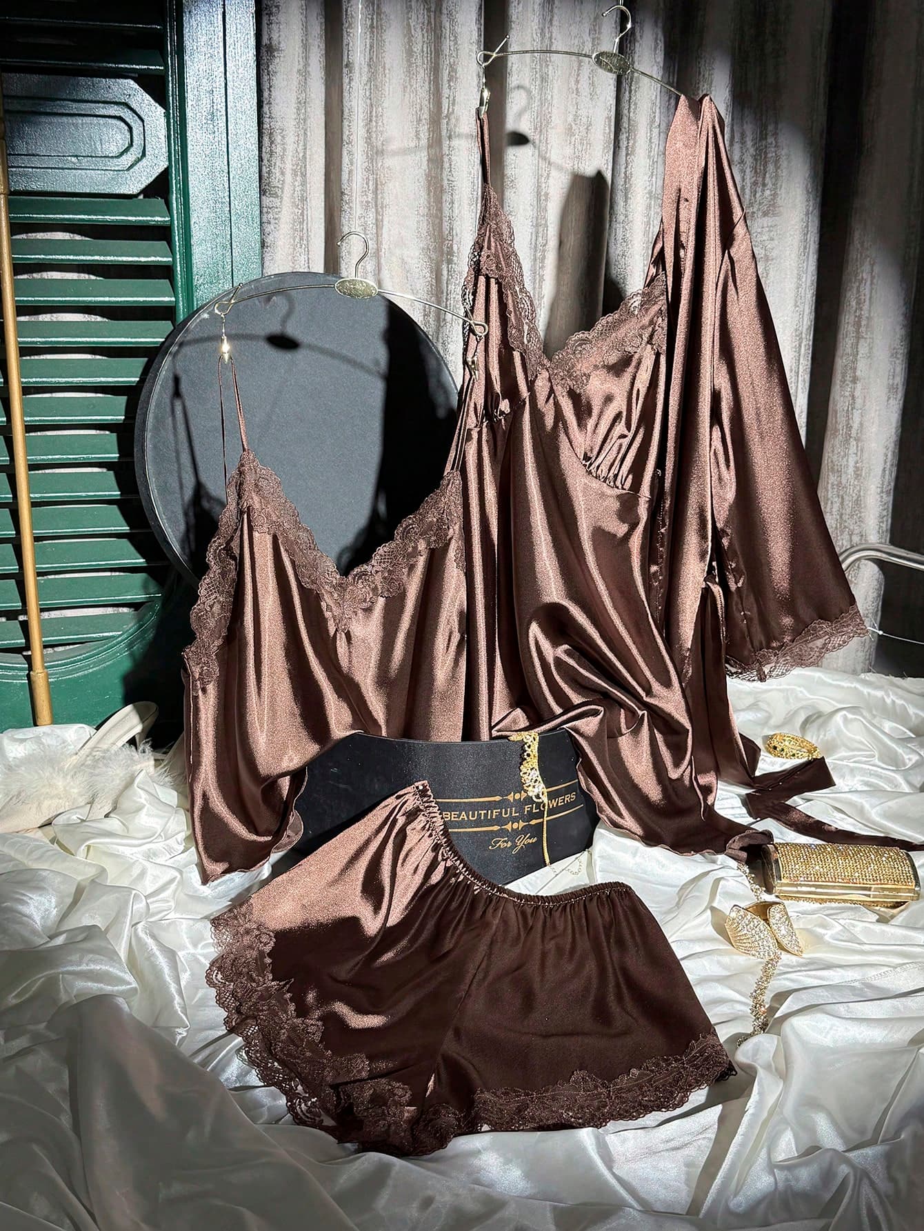 SilkySpell 4pcs/Set Women Spaghetti Strap Nightgown,Plus Size Robe,Silky Satin Sleepwear Set,Lace Embroidery Trim,Chocolate Brown,Summer,Wedding Guest