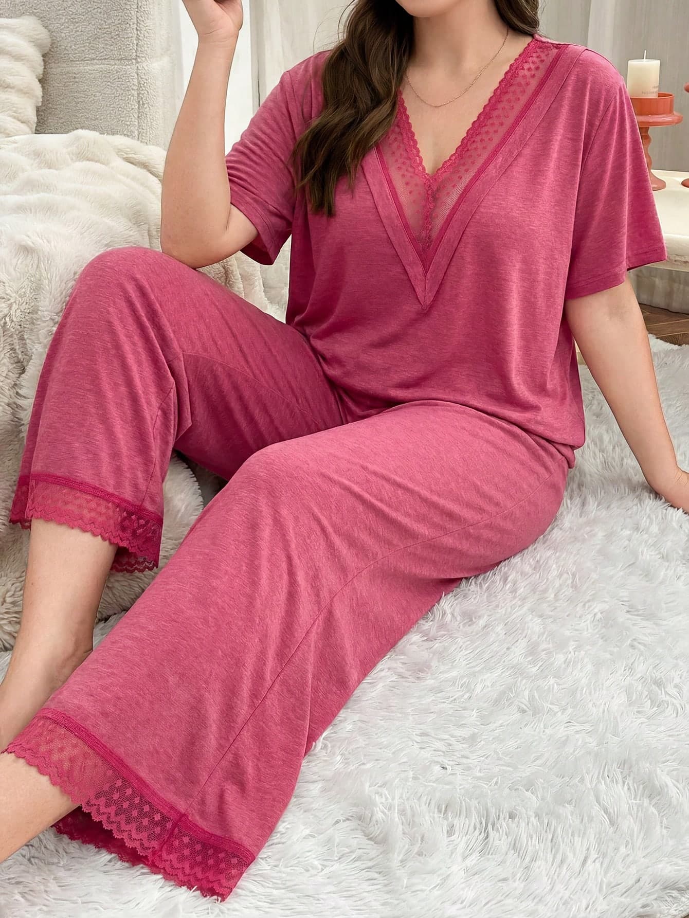 Softscene Plus Size Lace Trim Deep V Sleepwear Set