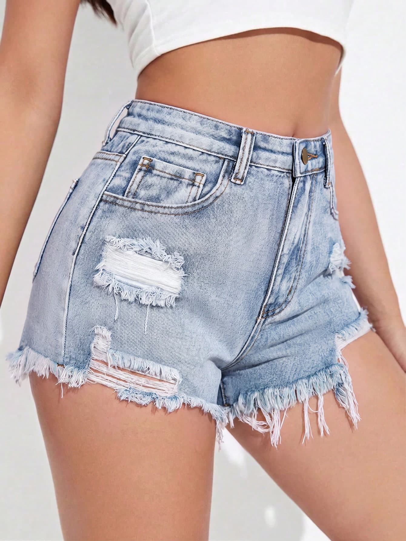 SHEIN EZwear Women's Casual Distressed Frayed Hem Denim Shorts