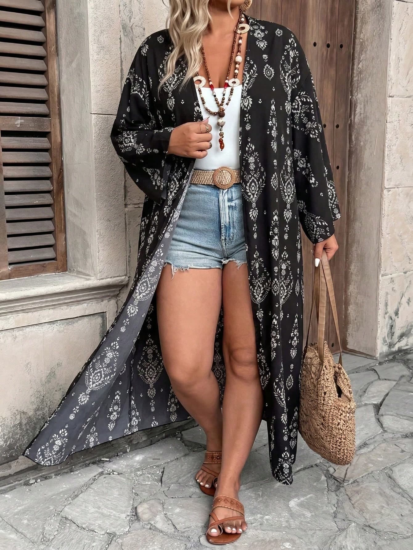 Ceyna Plus Size Women's New Elegant Multi-Color Striped Bohemian Style Colorful Paisley Pattern Open Front Long Sleeve Long Cardigan Outerwear Fall