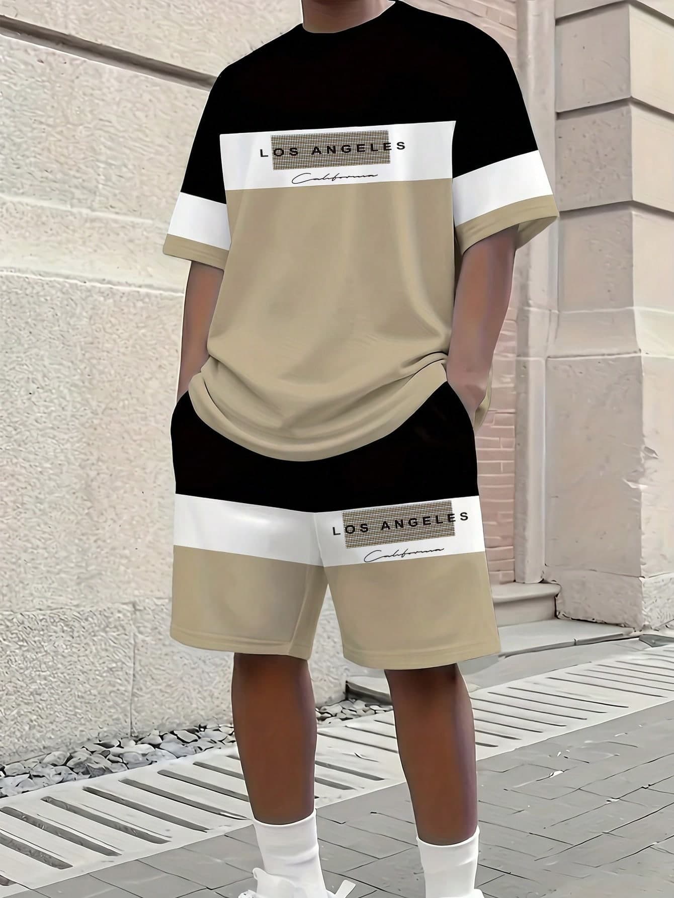 SHEIN Vacaura 2pcs/Set Teenage Boys' Casual Striped Print Short Sleeve T-Shirt And Shorts,Beige Summer Streetwear Breathable Sports Running Outfit For Outdoor