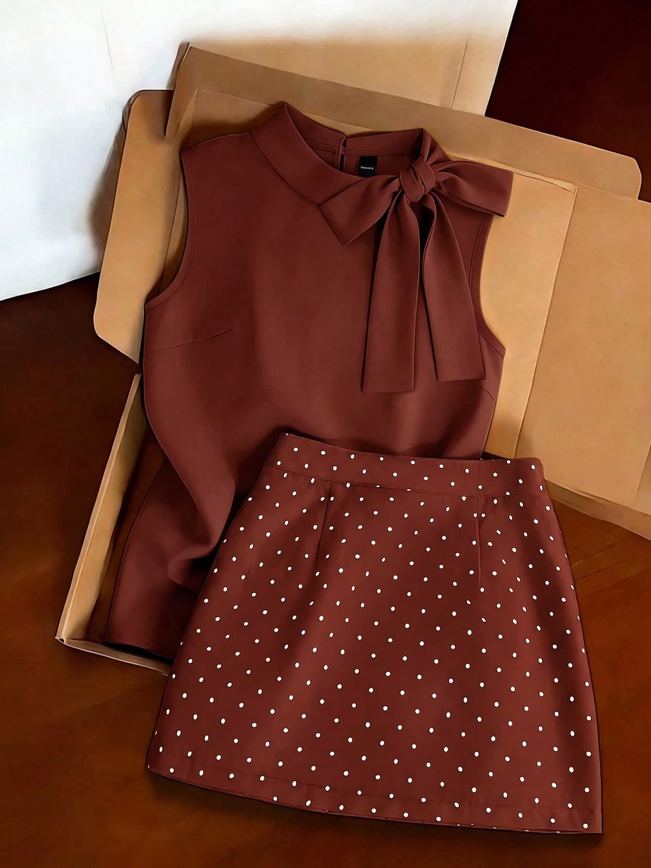 Franclia Elegant Brown And White Polka Dot Outfit,Sleeveless Turtleneck Top With Bow & Mini Skirt Set,Minimalist Fitted Silhouette For Office,Autumn Commuter