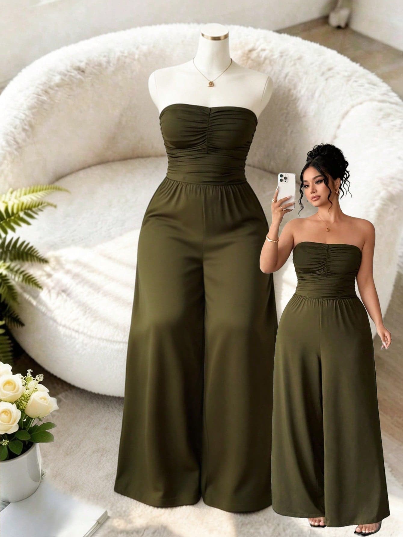 Elenzga Plus Size Women Strapless Pleated Wide Leg Jumpsuit,Olive Green Summer Elegant Wedding Guest Birthday Party Outfits,Zoey Yoga Zante Holiday Outfit