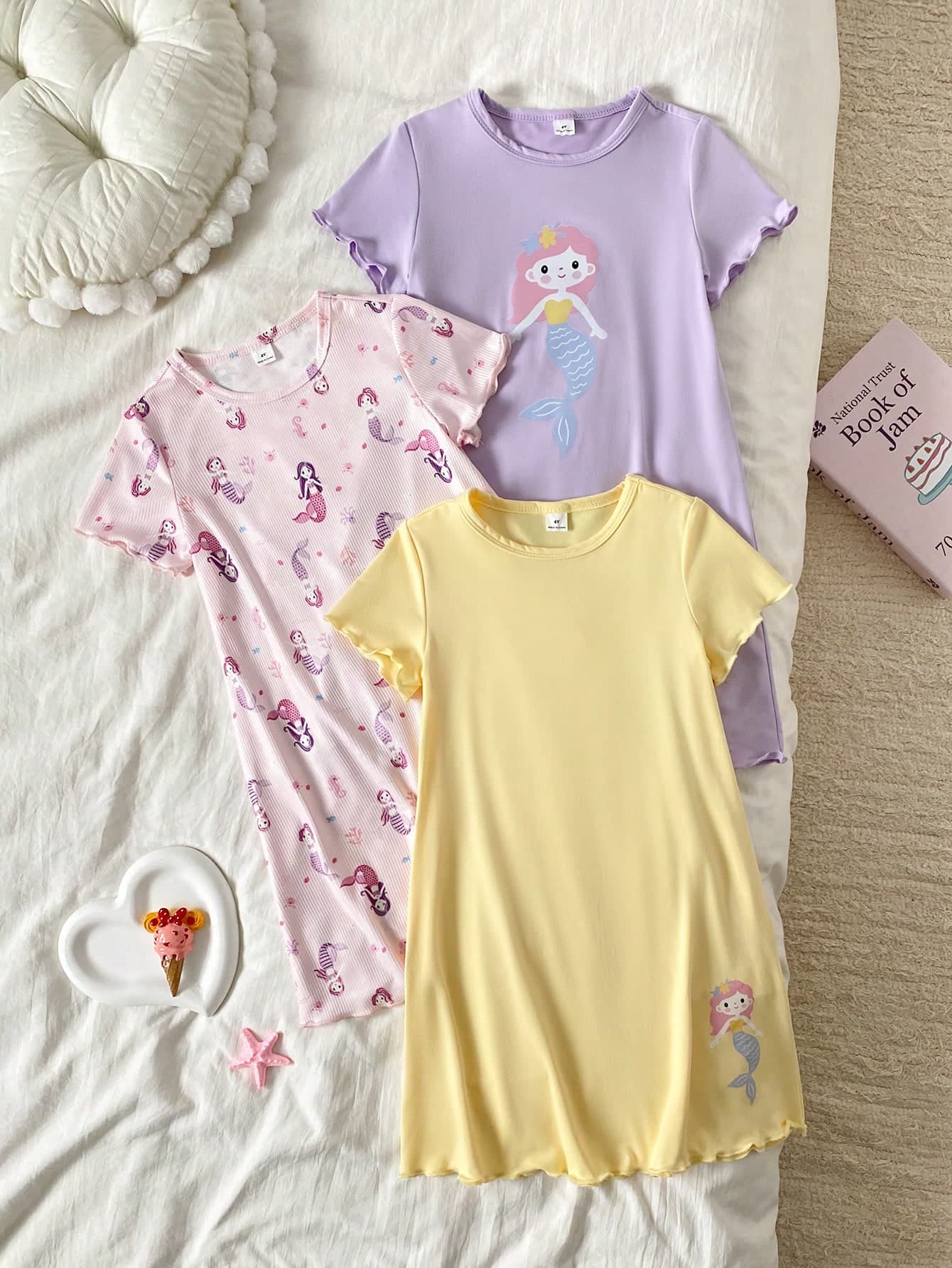3pcs Girls Mermaid Print Nightgown, Soft Comfortable Short Sleeve Long Dress Sleepwear, Purple And Pink// Sleep Summer Cute