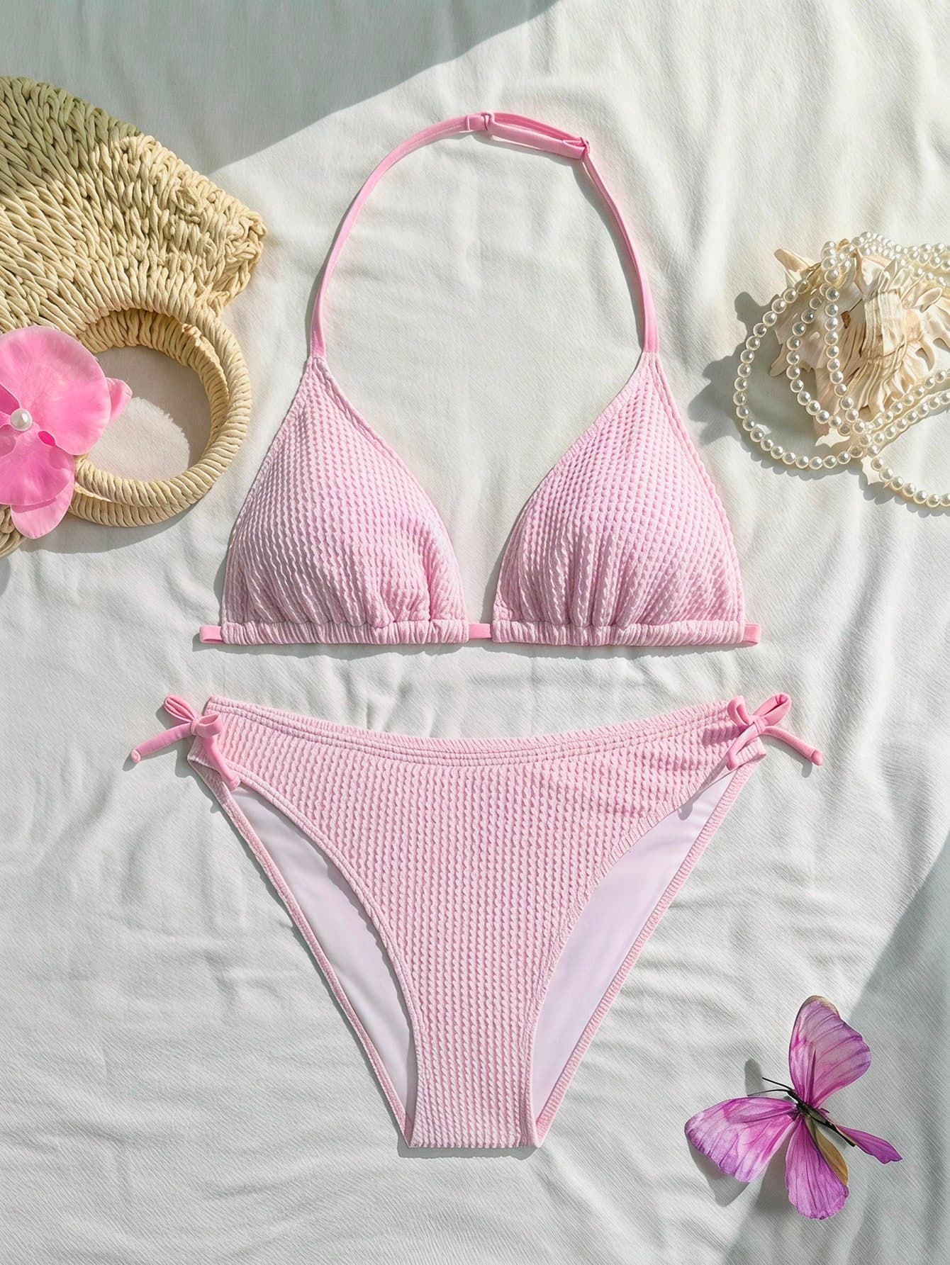 SHEIN Teen Girls' Summer Vacation Pink Knit Texture Shell Decor Camisole Bikini Top