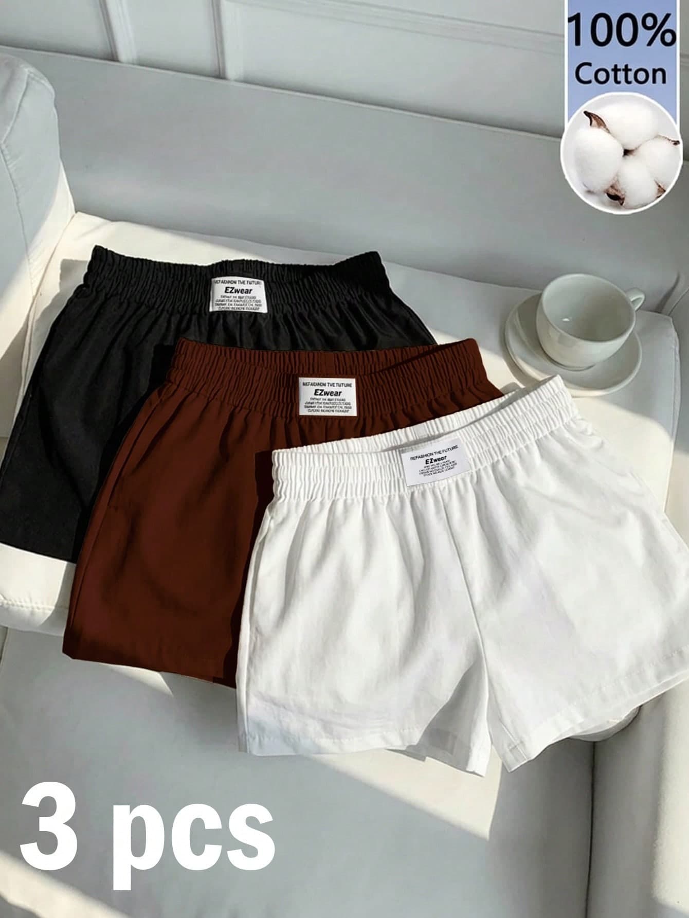 Comfortcana 3pcs/Set 100% Cotton Women's Solid Color Shorts, Black/White/Brown, Suitable For Summer