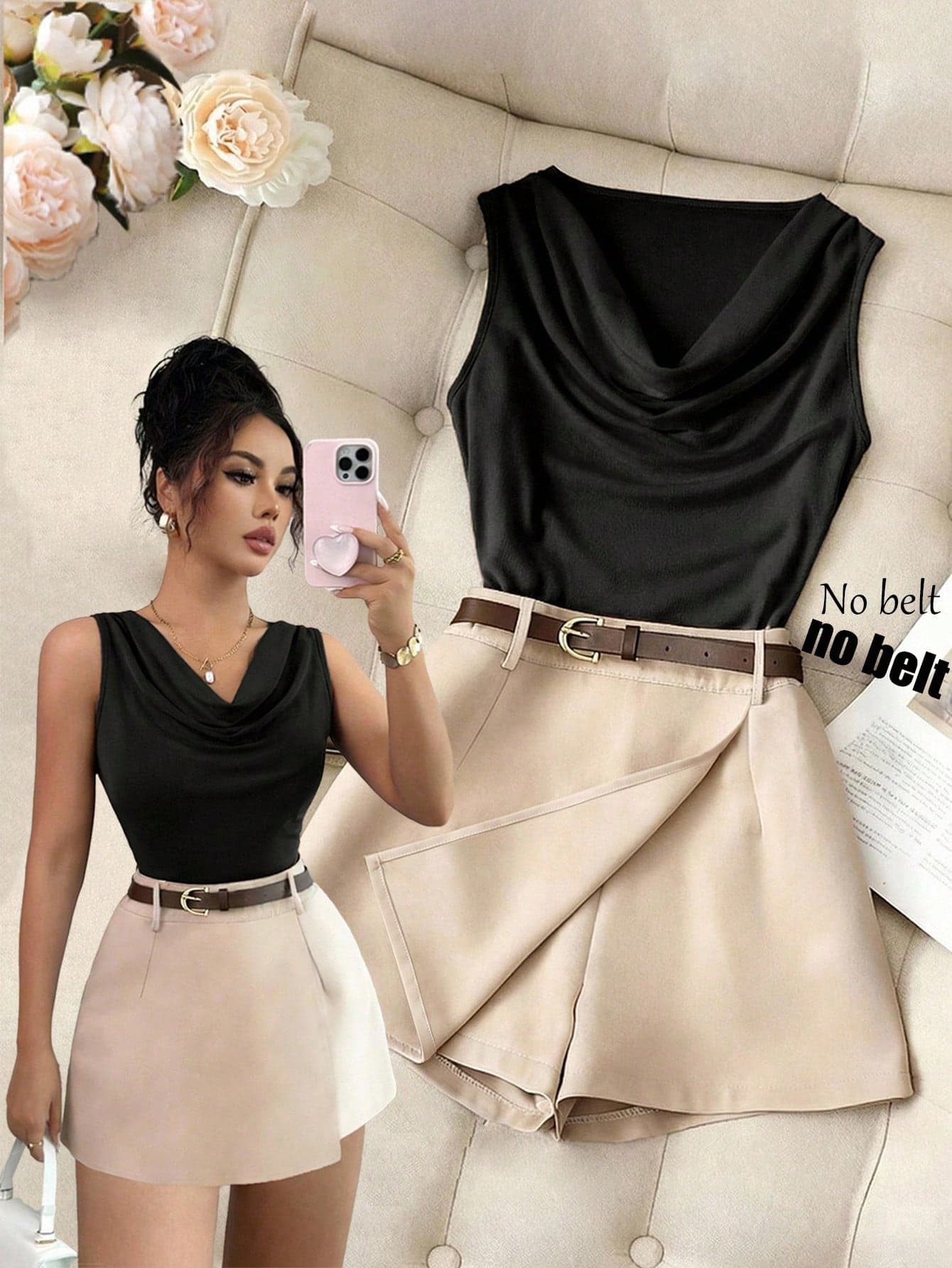 Franclia Plunging Neckline Sleeveless Fitted Brown Camisole Paired With Apricot Office Suit Skort - Women 2 Pieces Set