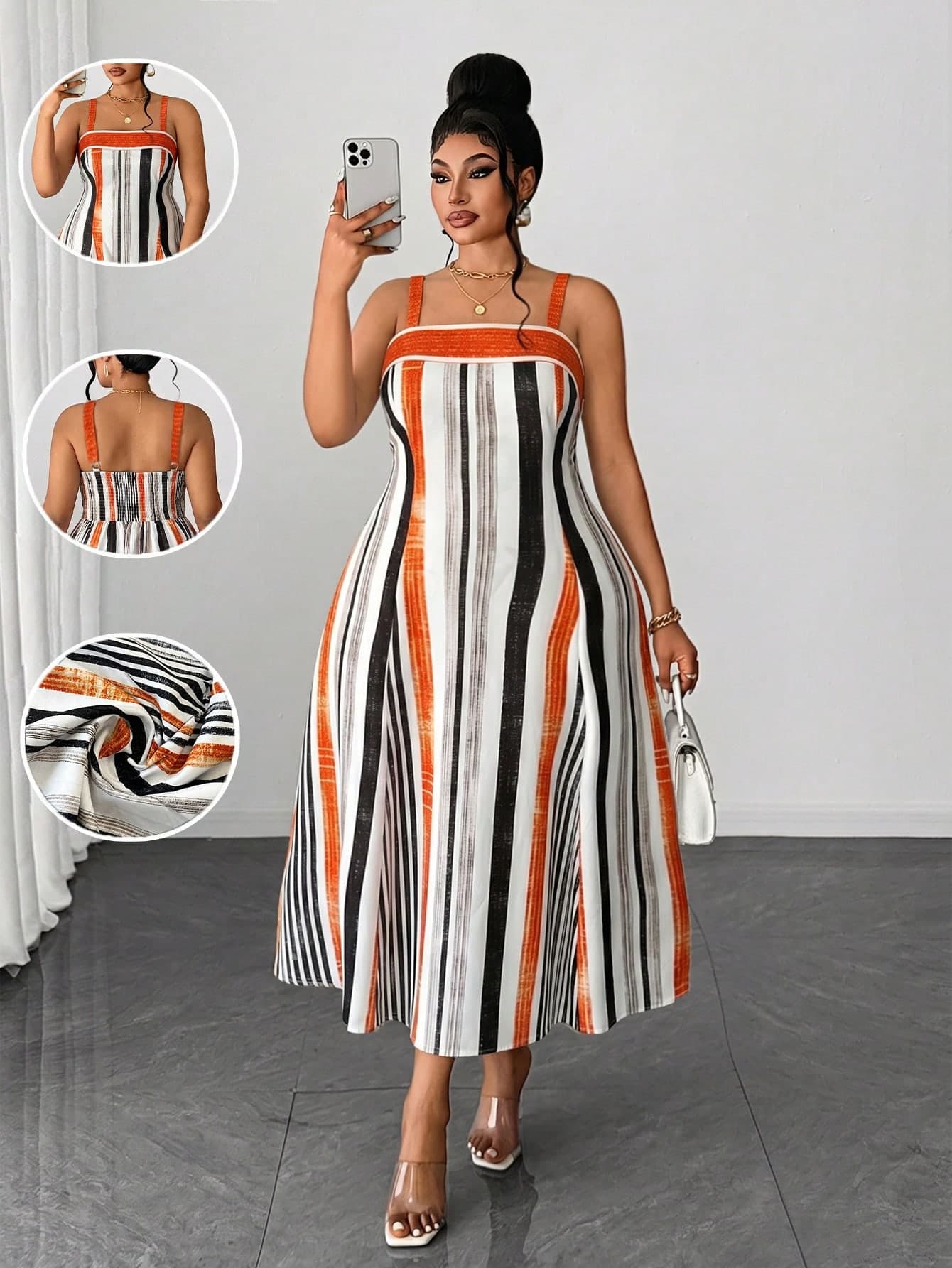 Maweii White,Summer,Vacation,Holiday Plus Size Women Elegant Spaghetti Strap Bandeau Striped Minimalist Daily Wear Niche Design Fashion Dress