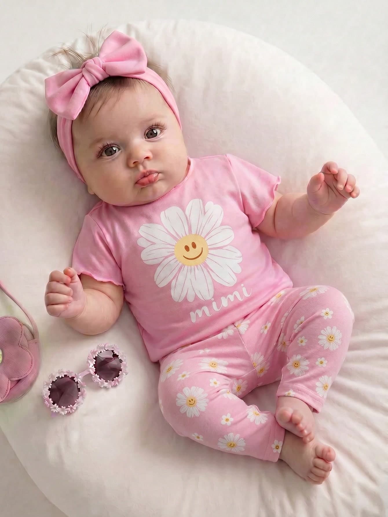 SHEIN Two Pieces Set Of Newborn Baby Girl Daisy Print T-Shirts And Shorts, Perfect For Summer.
