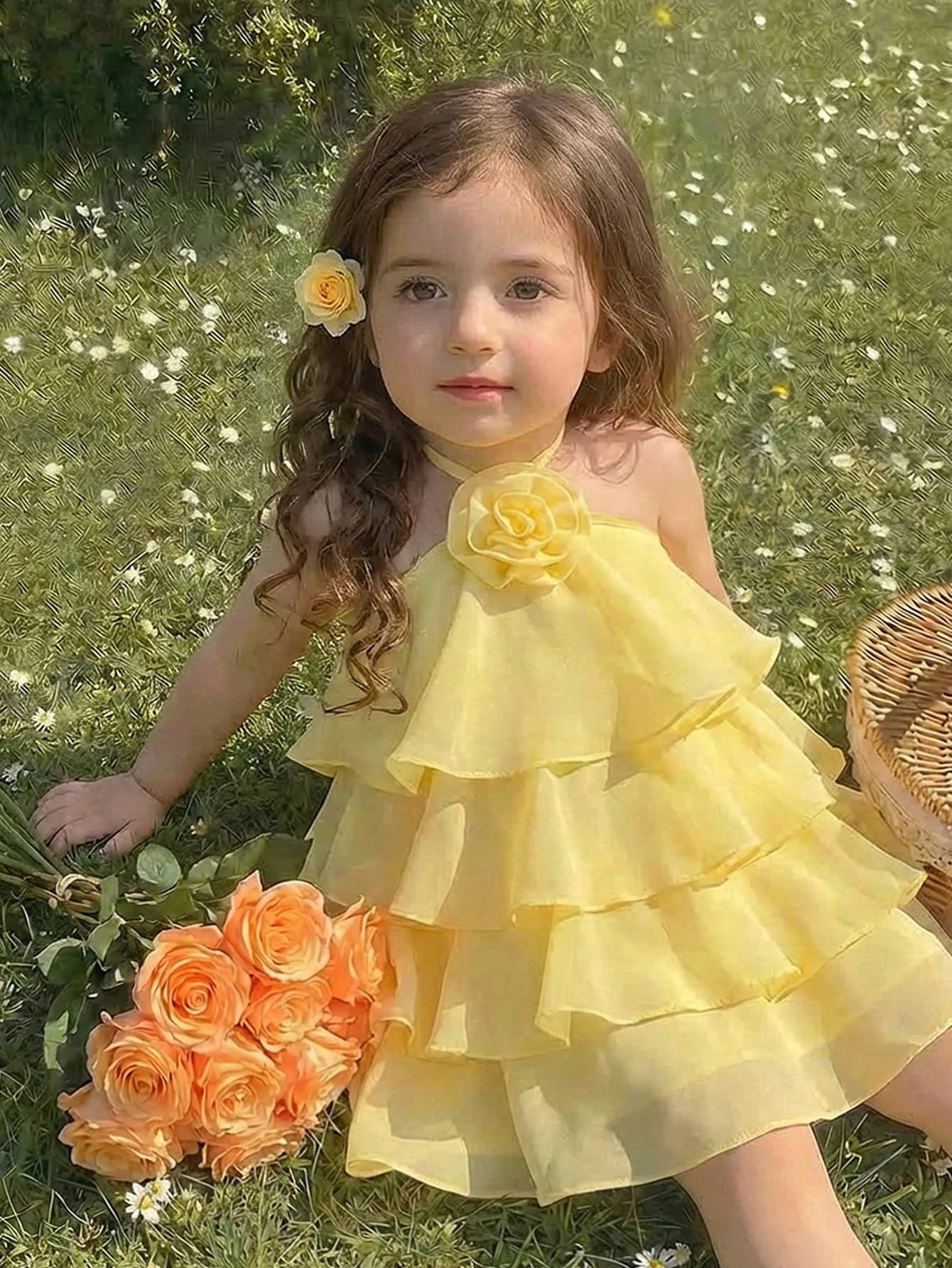 SHEIN Young Girl Solid Color 3D Floral Decor Multi-Layer Ruffle Neck Dress