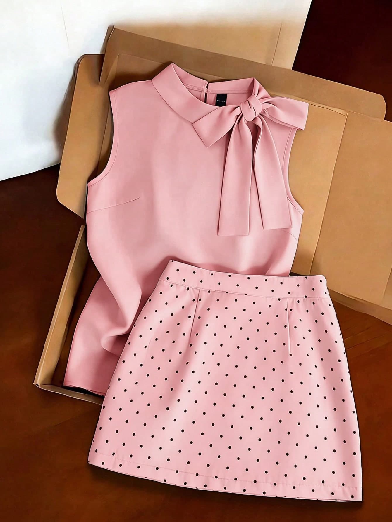 Franclia Summer Elegant Tea Party Pink Polka Dot Outfit,Sleeveless Turtleneck Top With Bow Detail And Fitted Mini Skirt,Minimalist Commuter Style For Women