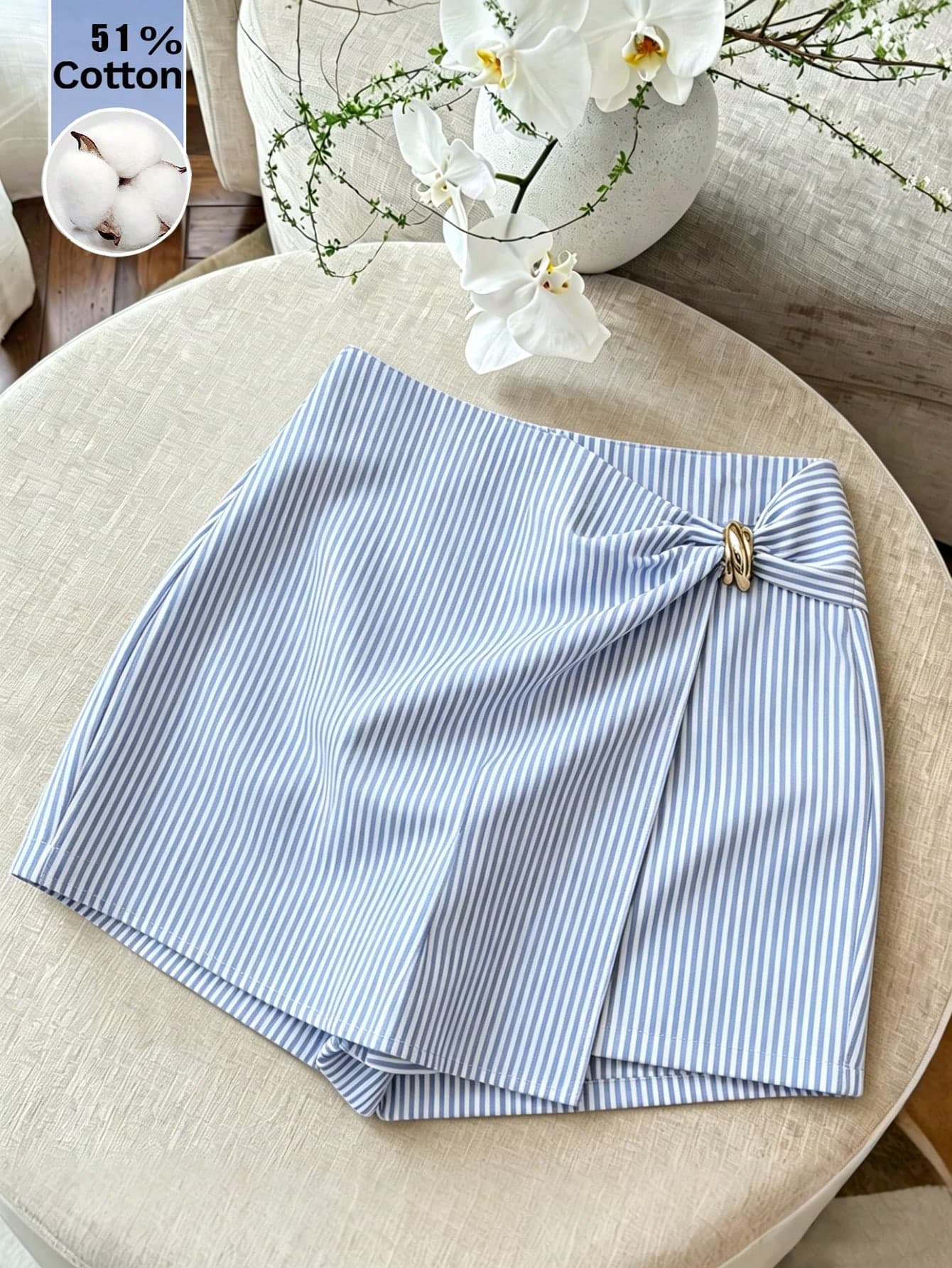 SHEIN Franclia Blue And White Vertical Striped Knot Metal Buckle High Waist Skirt Shorts Women's Design Asymmetrical Wrap Striped Suit Shorts French Metal Buckle Decor High Waist A-Line Striped Skirt Shorts 2026 Summer New Blue And White Striped High Waist Shorts Women's Slimming Asymmetrical Skirt Shorts Commute Petite Metal Buckle Knot High Waist A-Line Shorts Striped Suit Fabric Wide Leg Pants