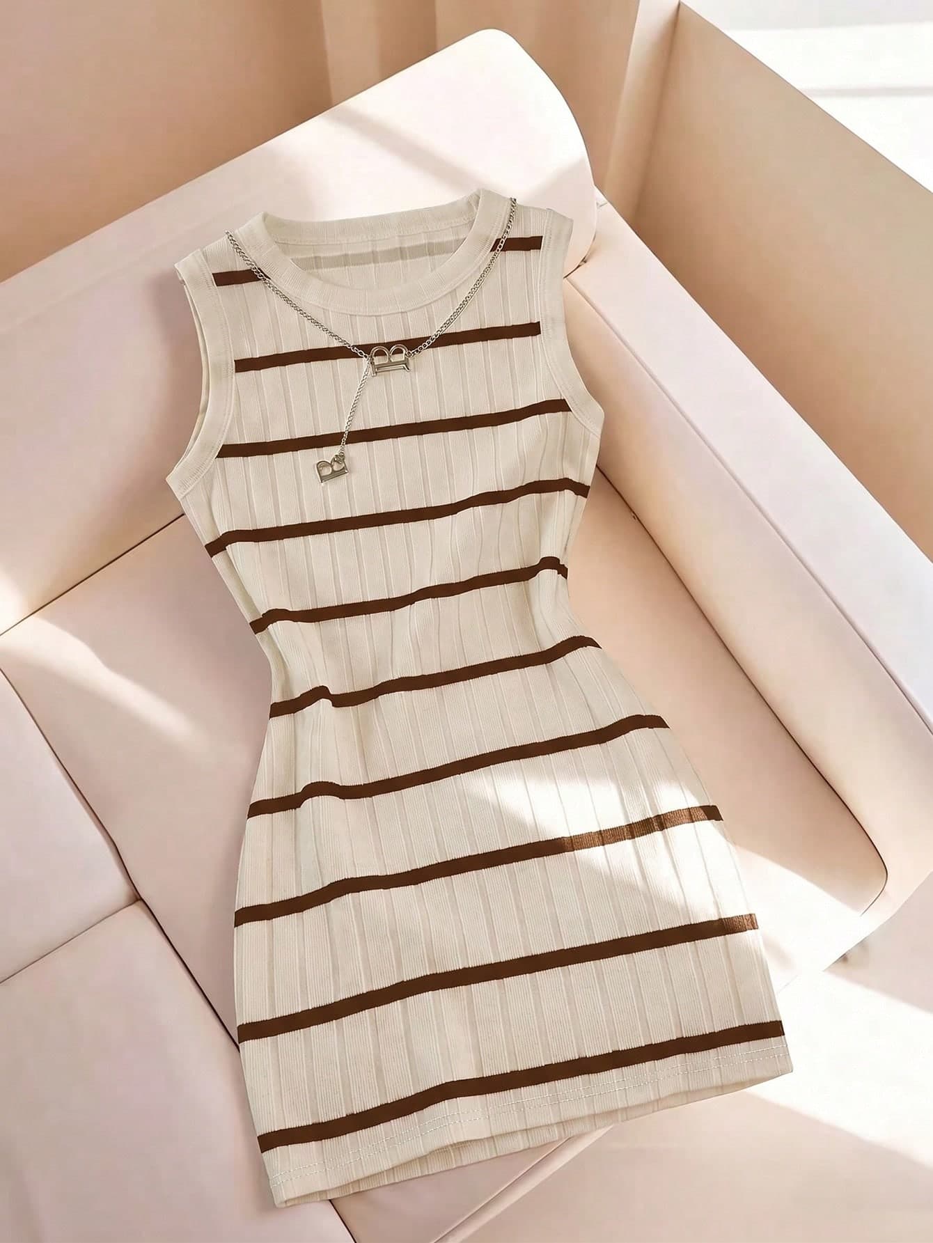 Franclia New Khaki Ribbed Fabric Caramel Ribbed Casual Basic Dress