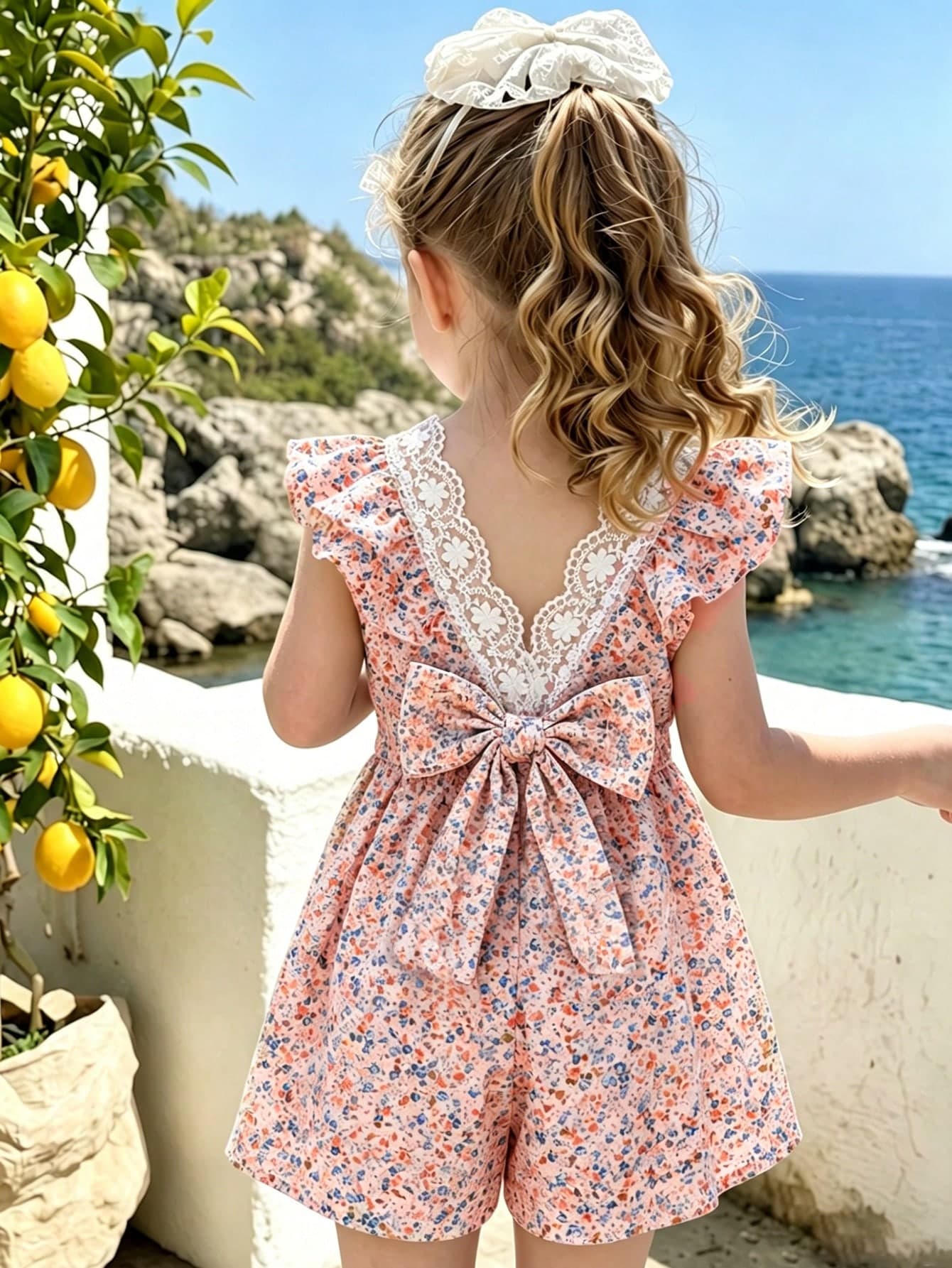 SHEIN Vintaside Kids 2025 Summer New Girls Ditsy Floral Ruffle Sleeve V-Neck Cinched Waist Back Cutout A-Line Dress, Countryside Style Fashion For Young Girls