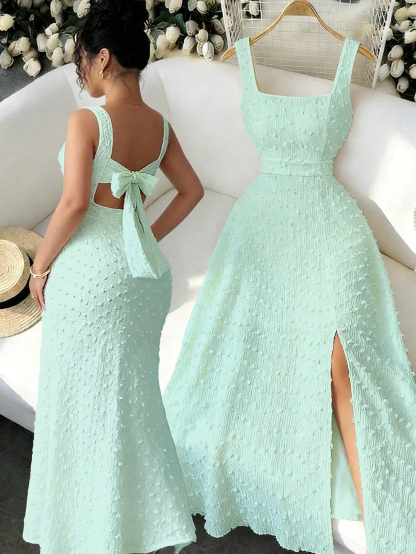 Elenzga New Sleeveless Square Neck Textured Knit Dress With Open Back Bow Tie Design, Elegant Fitted Party Dress