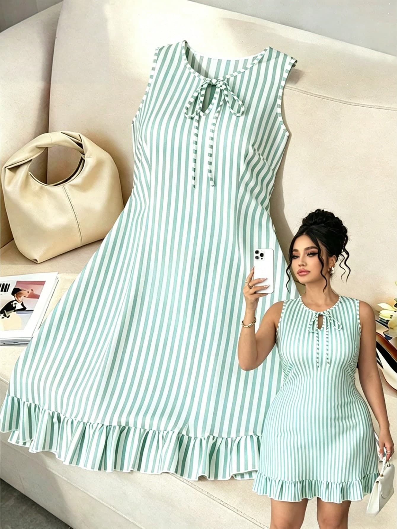 Elenzga Elegant Women's Blue And White Striped Round Neck Sleeveless Fitted Summer Dress,Cute Picnic Beach Vacation Casual Daily Wear Comfortable Dress