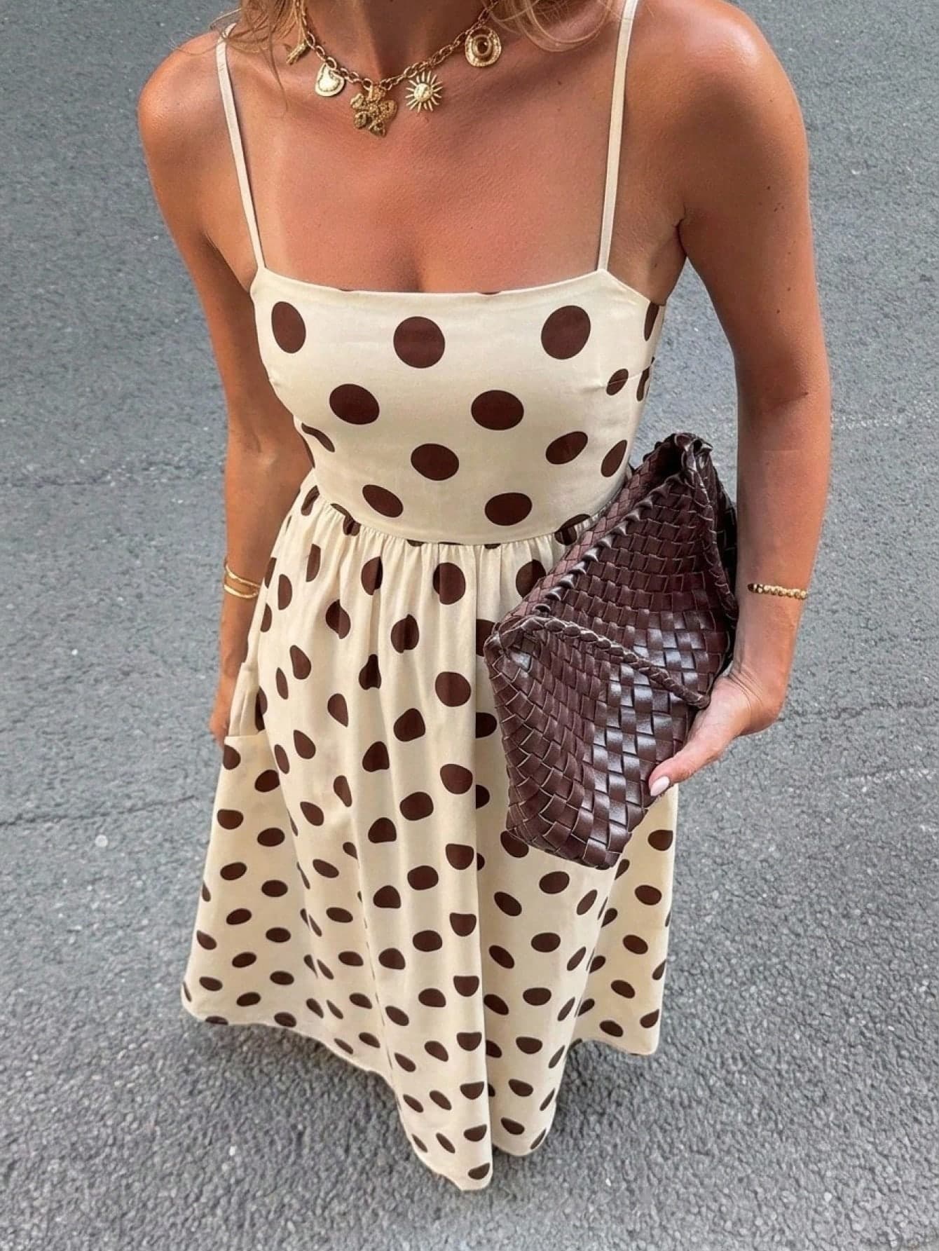 Serisse Women's Vintage Polka Dot Spaghetti Strap Dress,Summer Brown And Cream Elegant Square Neck Sleeveless A-Line Midi Slip Sun Dress For Holiday,Tea Party
