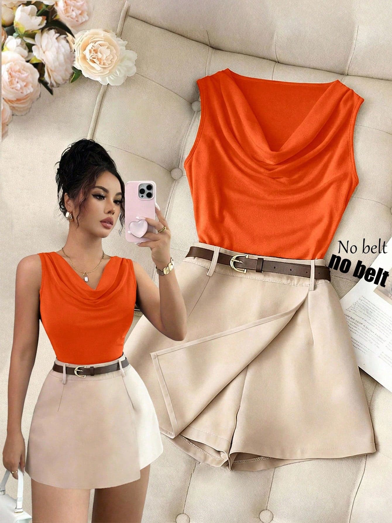 Franclia Plunging Neckline Sleeveless Fitted Brown Tank Top Paired With Apricot Office Suit Skort - Women 2 Pieces Set