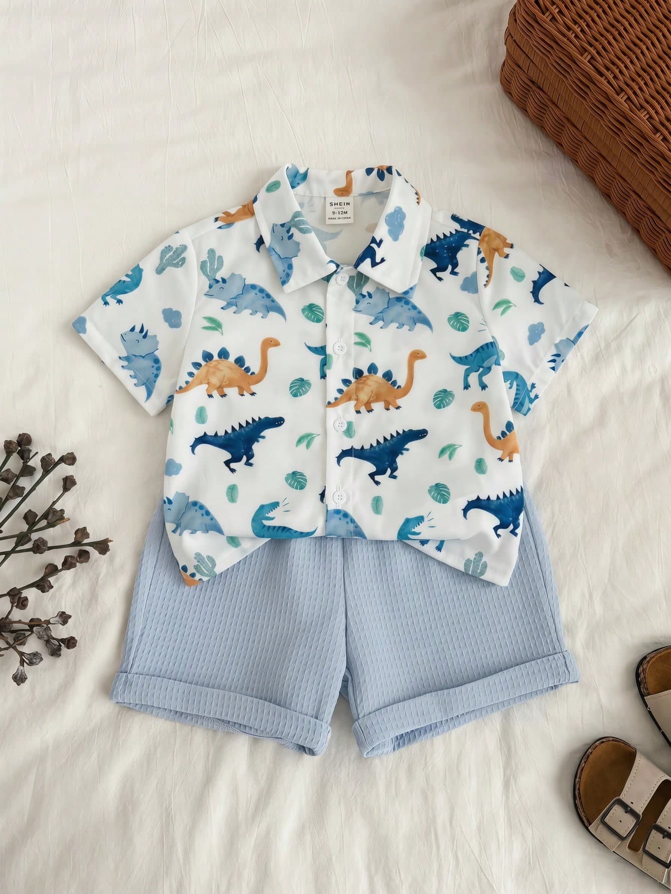 SHEIN Baby Boy Cute Casual Summer Versatile Cartoon Dinosaur Pattern Short Sleeve Shirt, Adorable Top, Dinosaur Shirt
