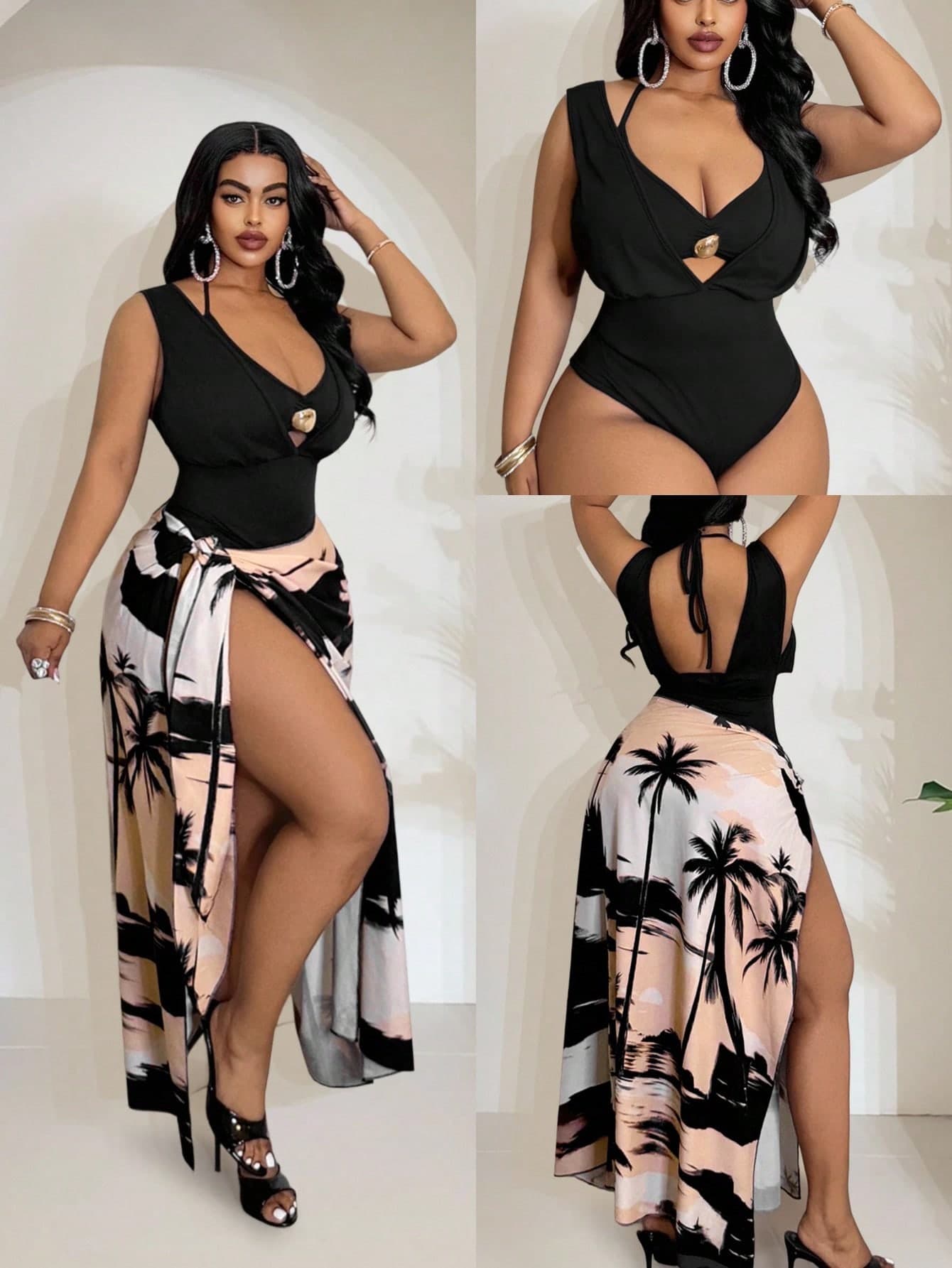 Maweii Beige Summer Beach Vacation Holiday Women 3-Piece Set,Metal Buckle Bandeau Knit Jumpsuit,Floral Print Skirt,Resort Casual Petite Plus Size Outfit