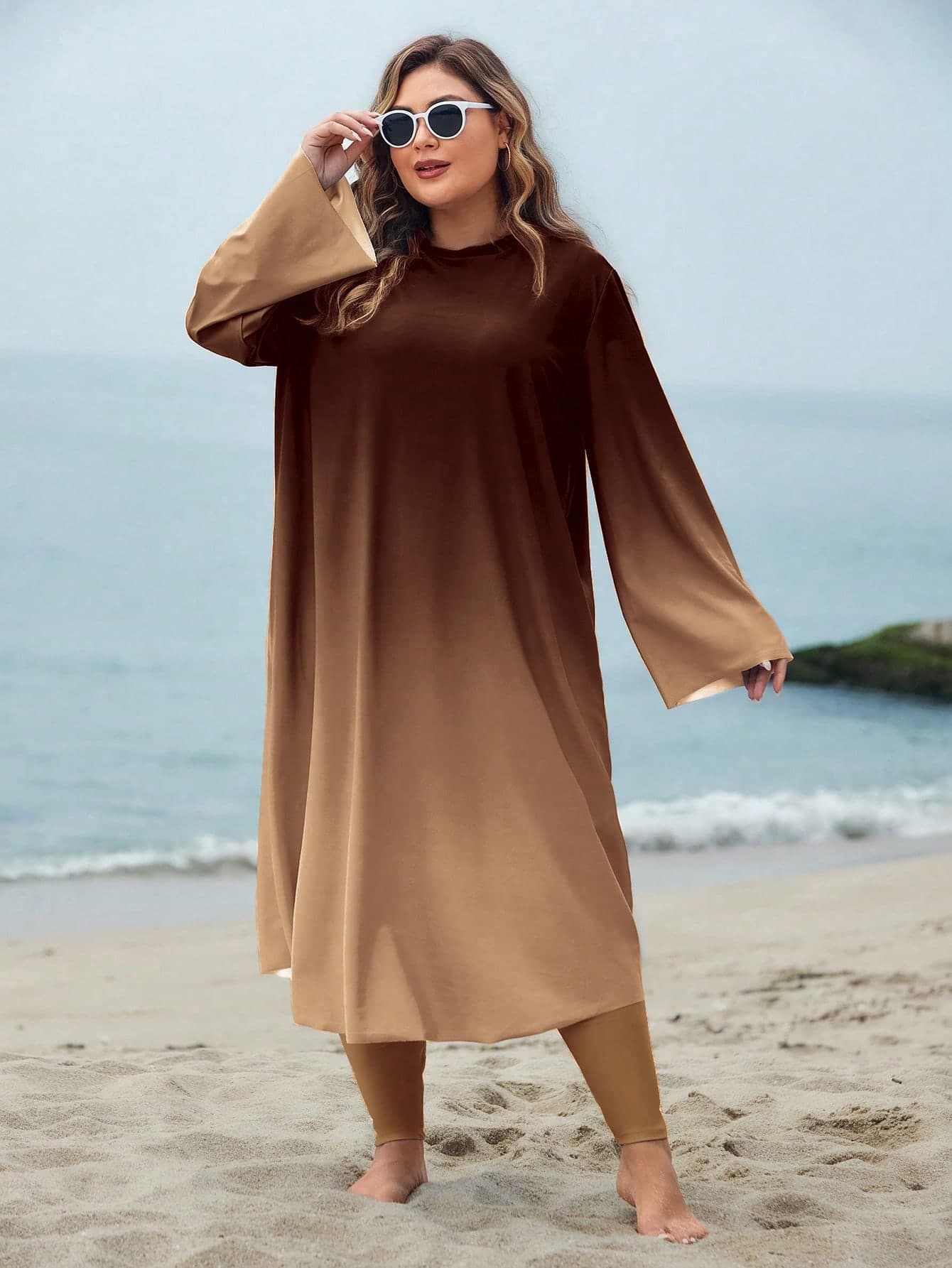 Swim Shayni Plus Size Women Loose Comfortable Digital Ombre Print Long Sleeve Maxi Dress With Separate Long Pants Modest Swimwear, Middle East Style