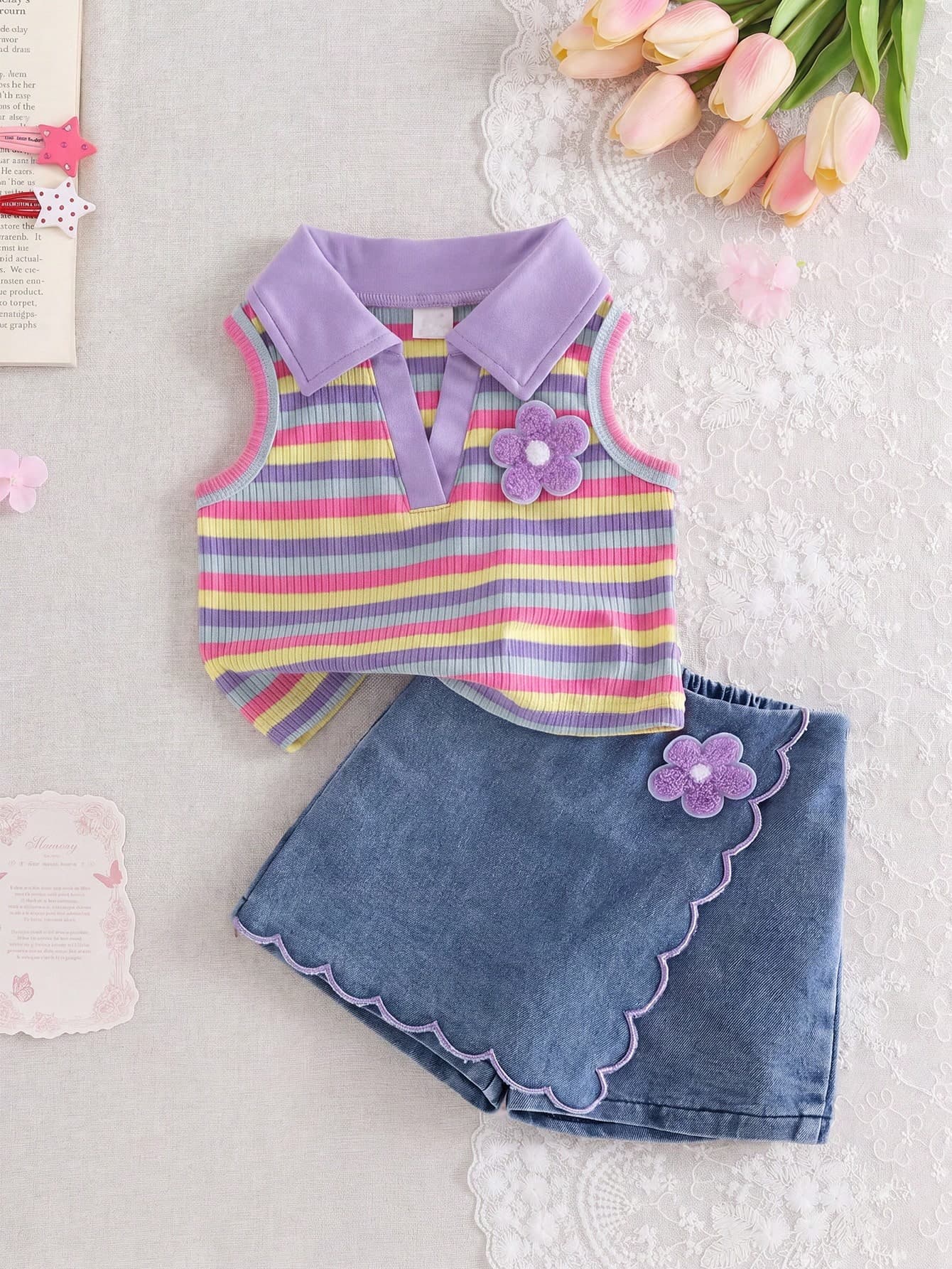 SHEIN 2pcs Baby Girls Cute Blue And Yellow Striped Vest Top&Skort Set Summer Family Matching Sleeveless Collared V-Neck Top Elastic Waist Shorts Skirt