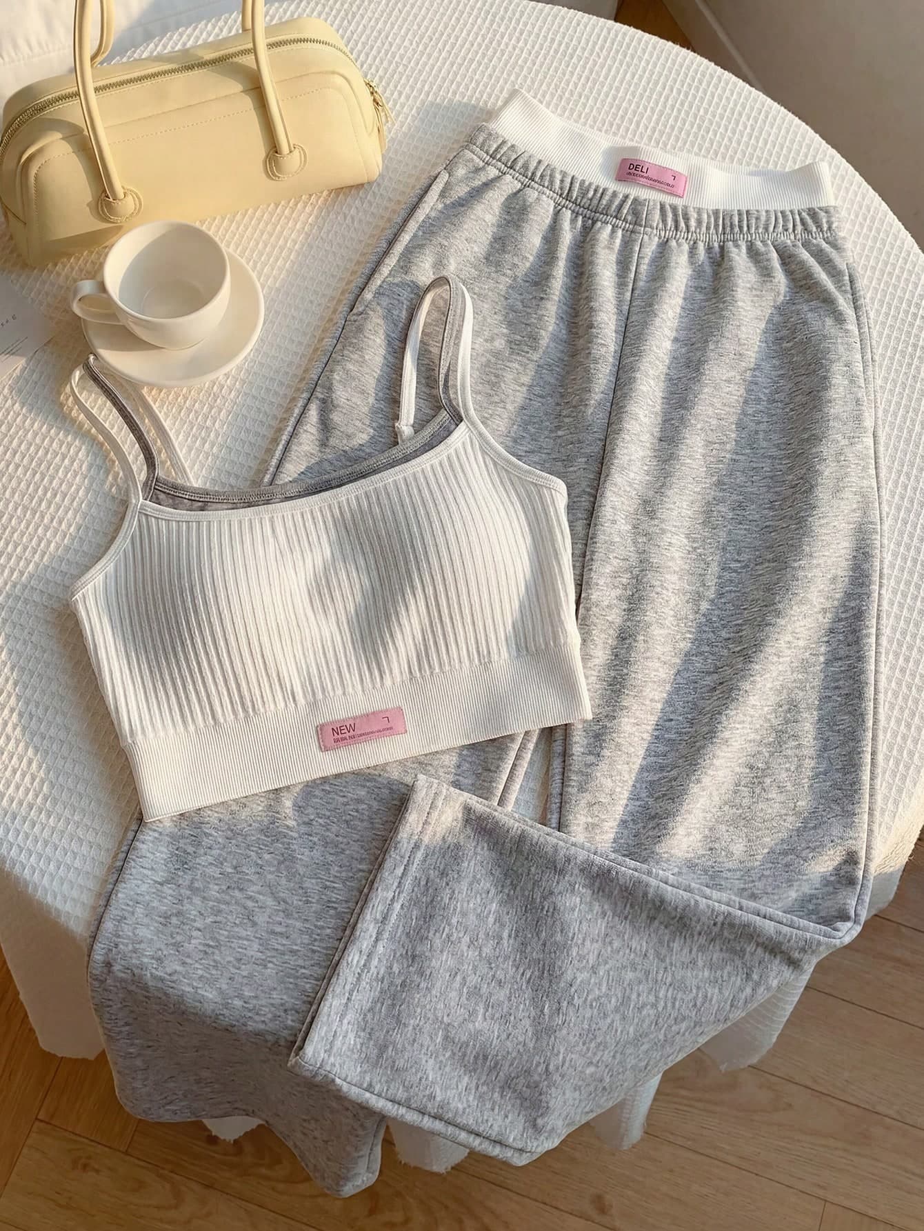 Comfortcana 2pcs Women Casual Sports Grey Summer Outfit,Contrast Color Sleeveless Top&Pants Set,Gym Loungewear,Beach Vacation Wear,Comfortable Spring Apparel