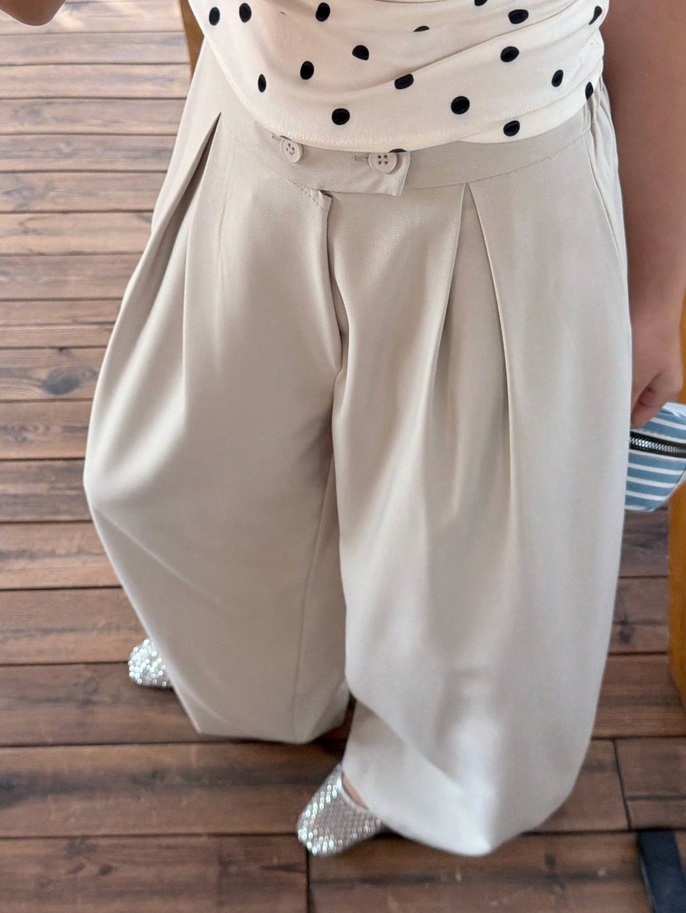 DAZY Tween Girls' Solid Color Waist Button Design Pleated Loose Wide Leg Pants Summer
