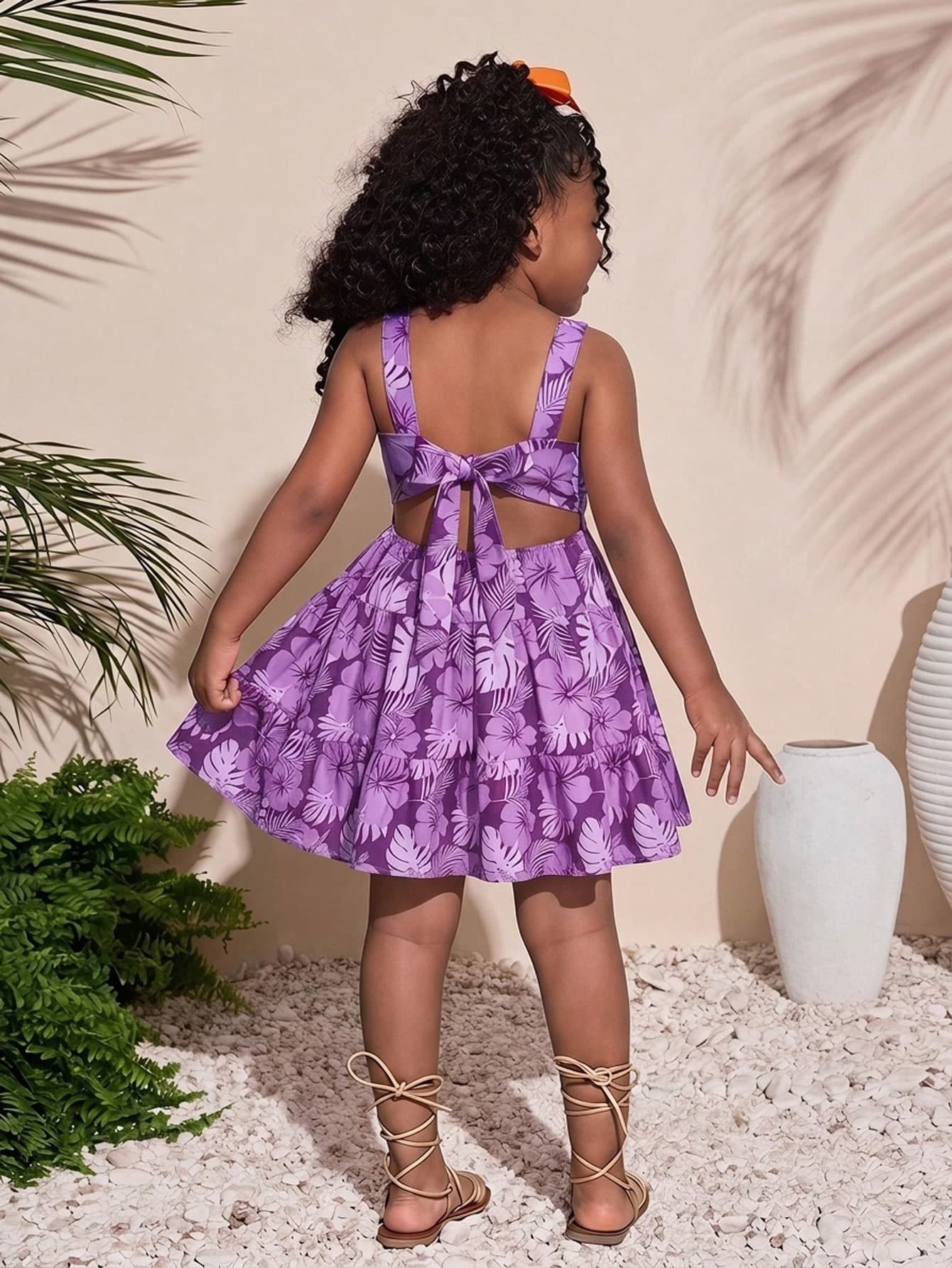 SHEIN Young Girl Floral Print Backless Bow Tie Casual Vacation Dress