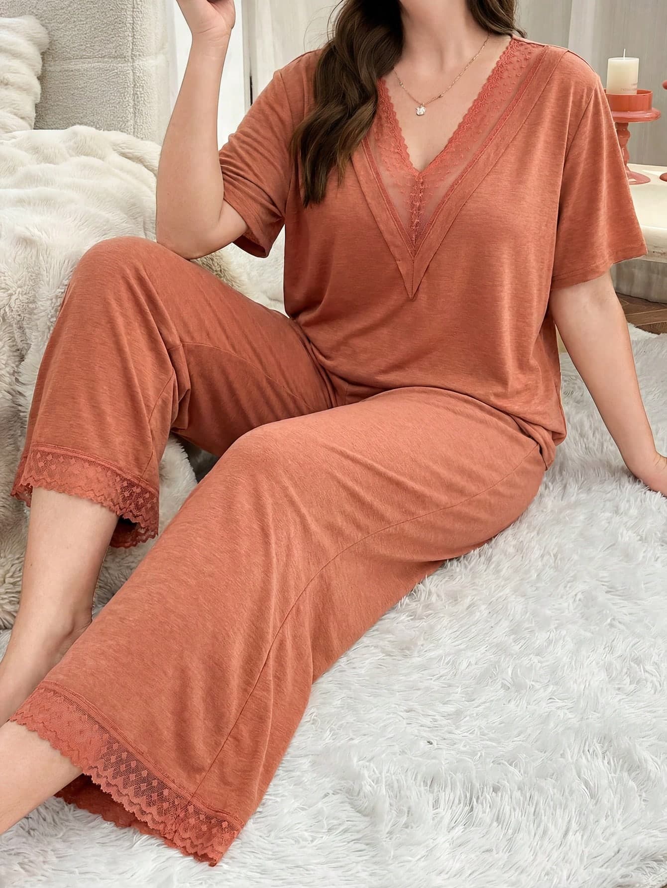 Softscene Plus Size Lace Trim Deep V Sleepwear Set