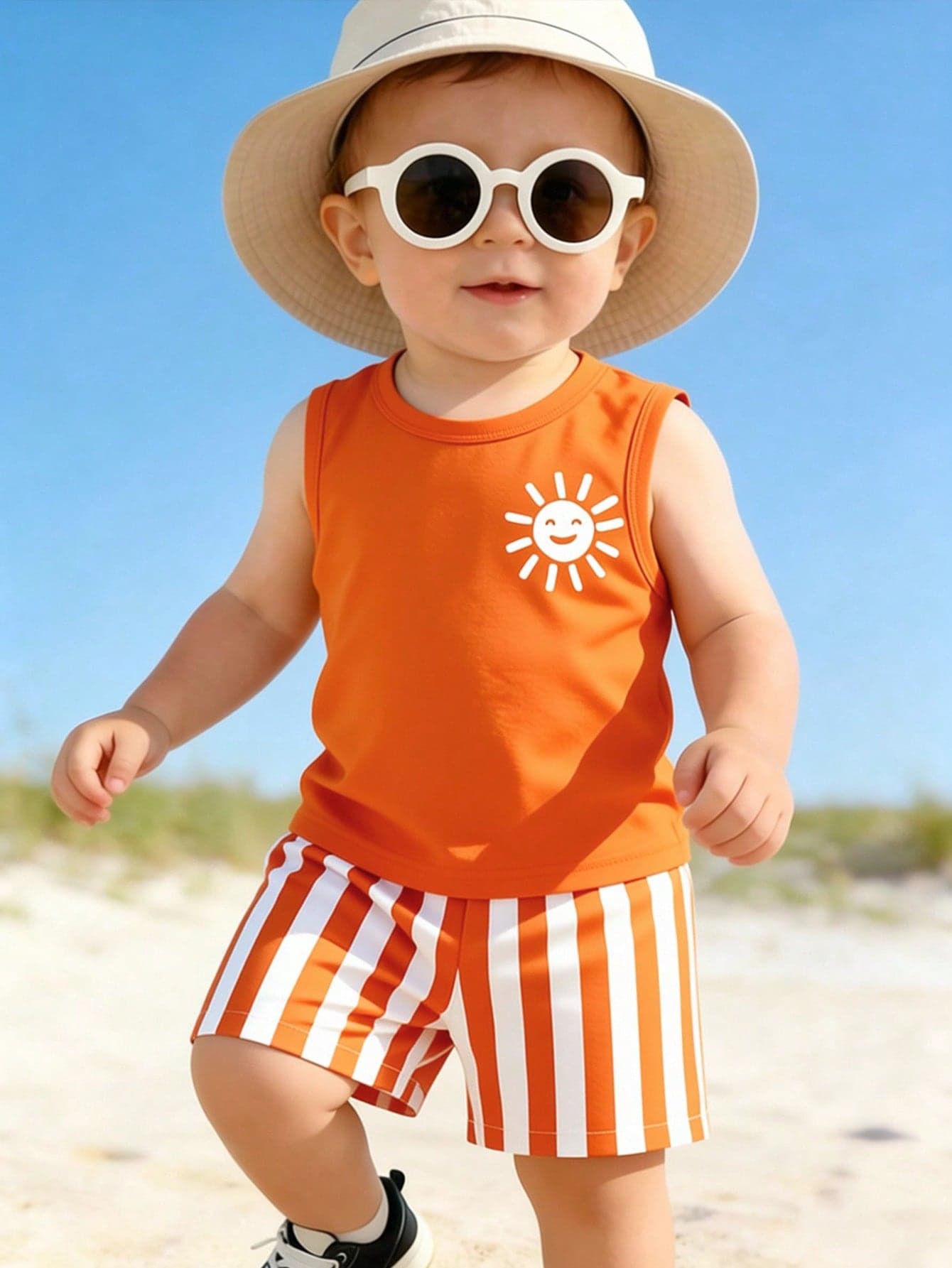 Souflis Souflis 2-Piece Baby Boy Set Burnt Orange Summer Casual Beach Vacation Holiday Sleeveless Vest Top With Striped Shorts,Playful Children's Motifs Outfit