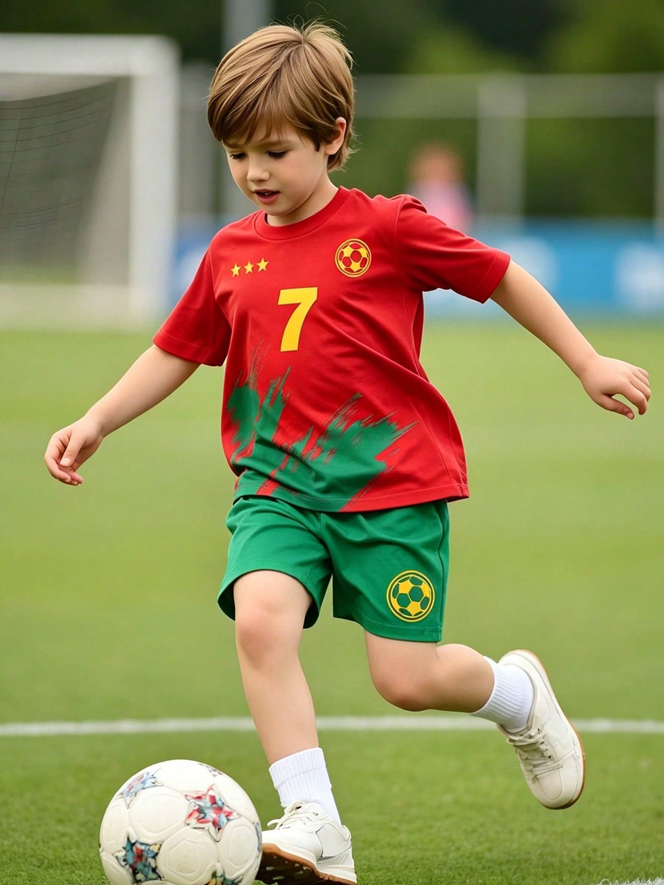 2pcs/Set Young Boys Casual Comfortable Sports Outfit,Number 7 Football Logo Design,Contrast Color Summer Versatile Set For Outdoor,Party,Campus,Gifts