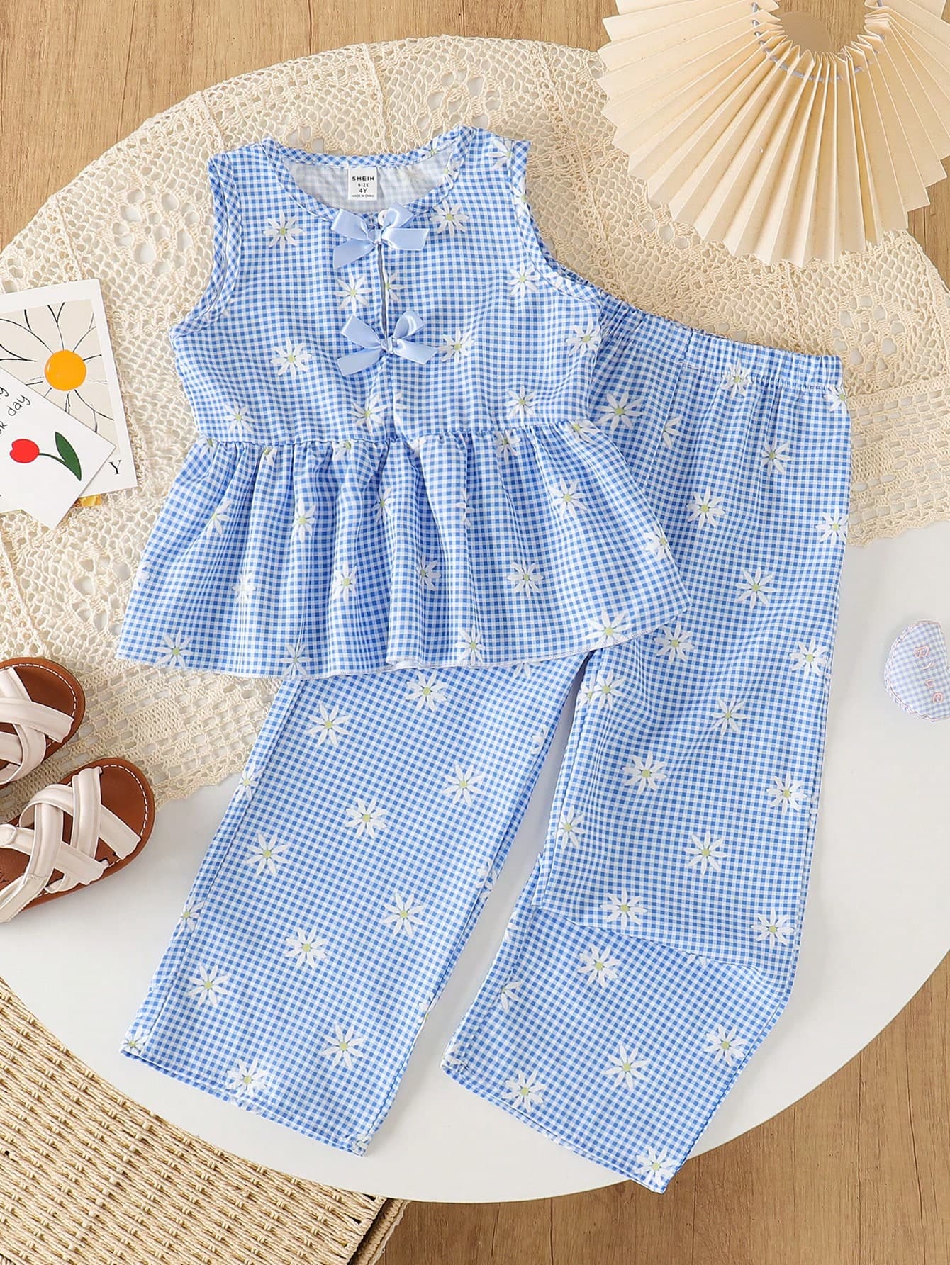 SHEIN Elladie kids Young Girls Floral 2-Piece Set, Brown Bow Decor Sleeveless Top + Matching Wide Leg Pants, Sweet & Cute Casual Outfit, Summer