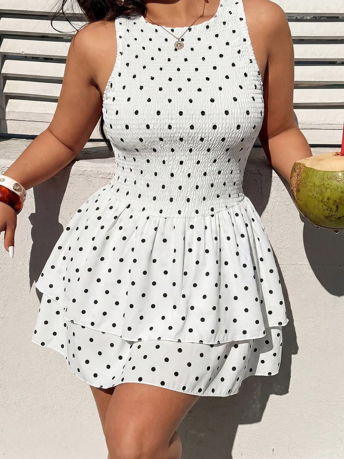 Sunnyshic French White Polka Dot Sleeveless Dress, Women's Waist Slimming Elegant Casual Ruffled Hem Skirt, Suitable For Spring/Summer, Vacation