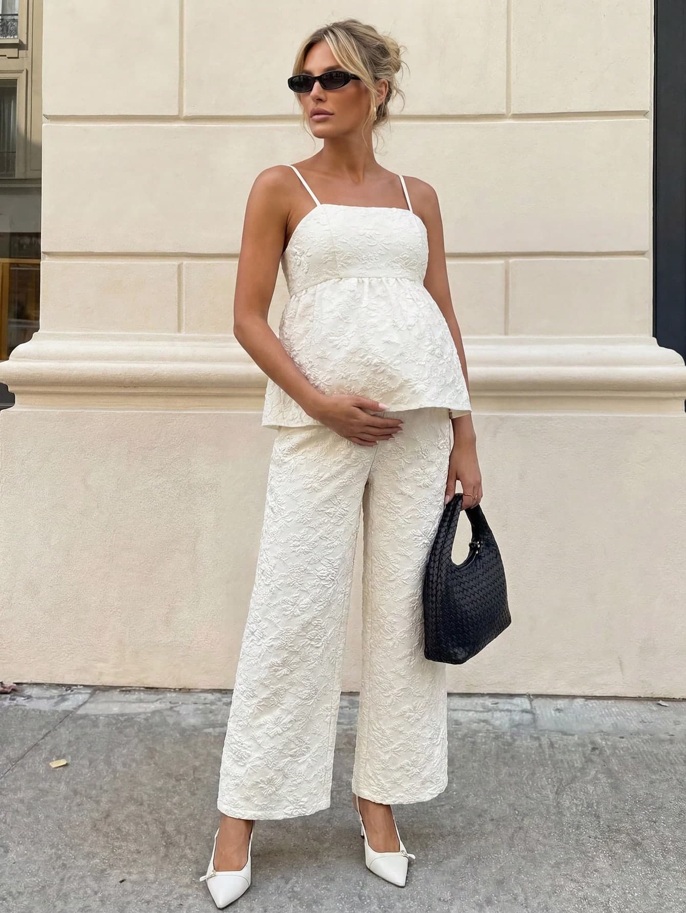 MaterniWear Maternity Elegant Solid Color Jacquard Camisole & Pants 2 Pieces Set, Summer