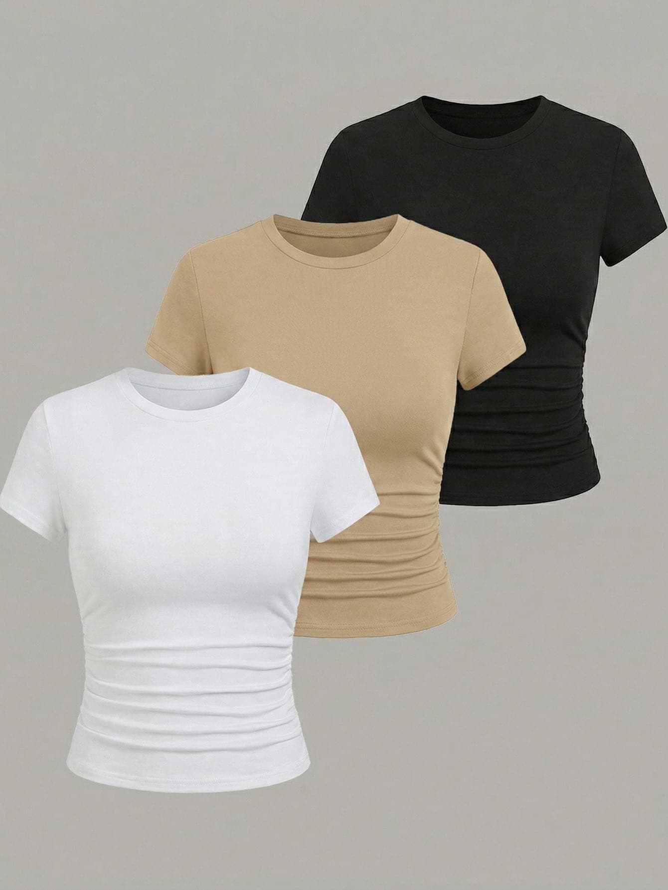 Hanevo Women's Solid Color Round Neck Pleated Casual Basic Versatile Daily Wear Short Sleeve T-Shirt Home White Summer
