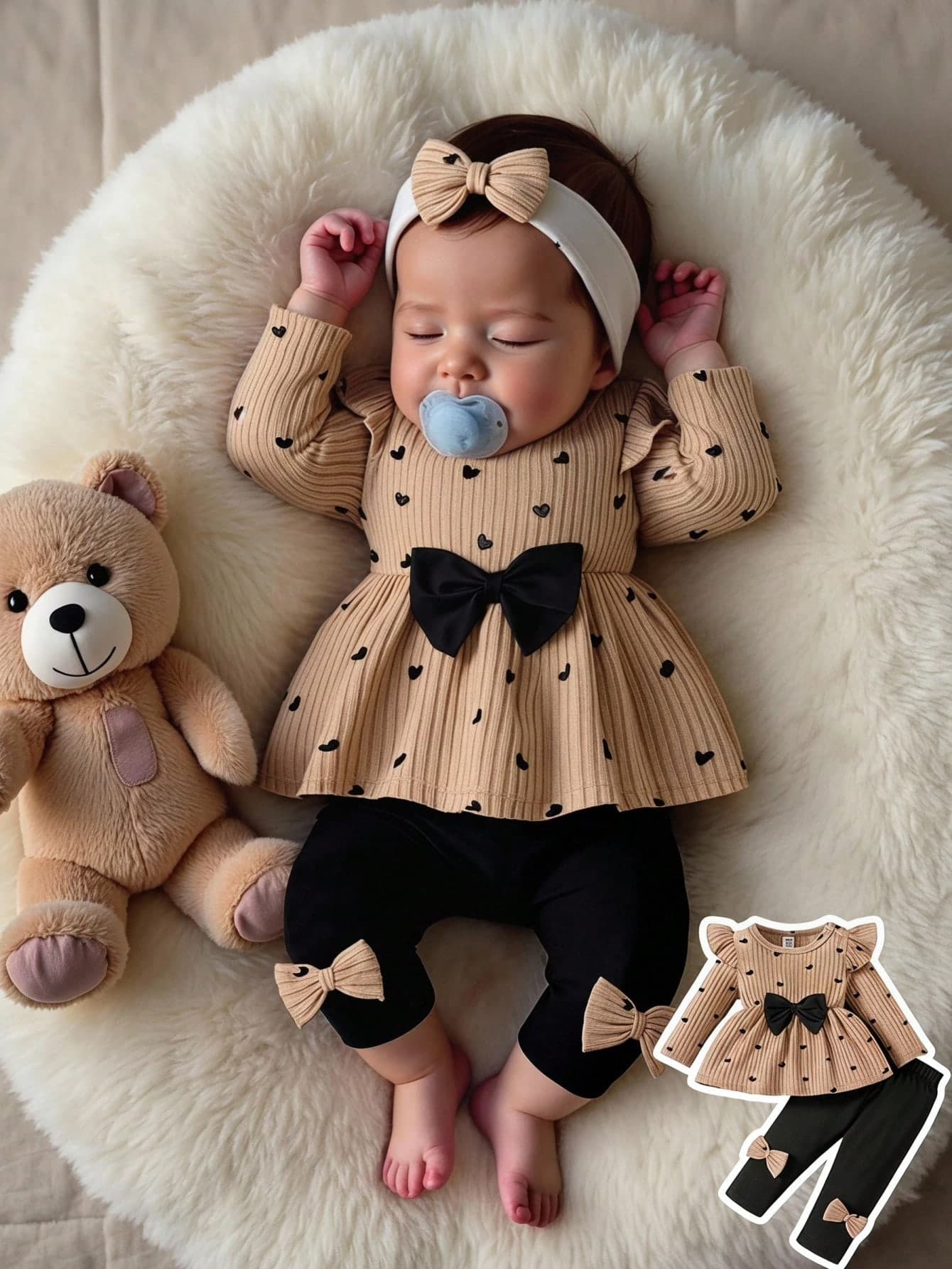 SHEIN Newborn Cute Brown Soft Heart Print Knit Puff Sleeve Pullover Top With Black Bow Accent Skinny Pants 2-Piece Set,Autumn Matching Family Outfits Casual