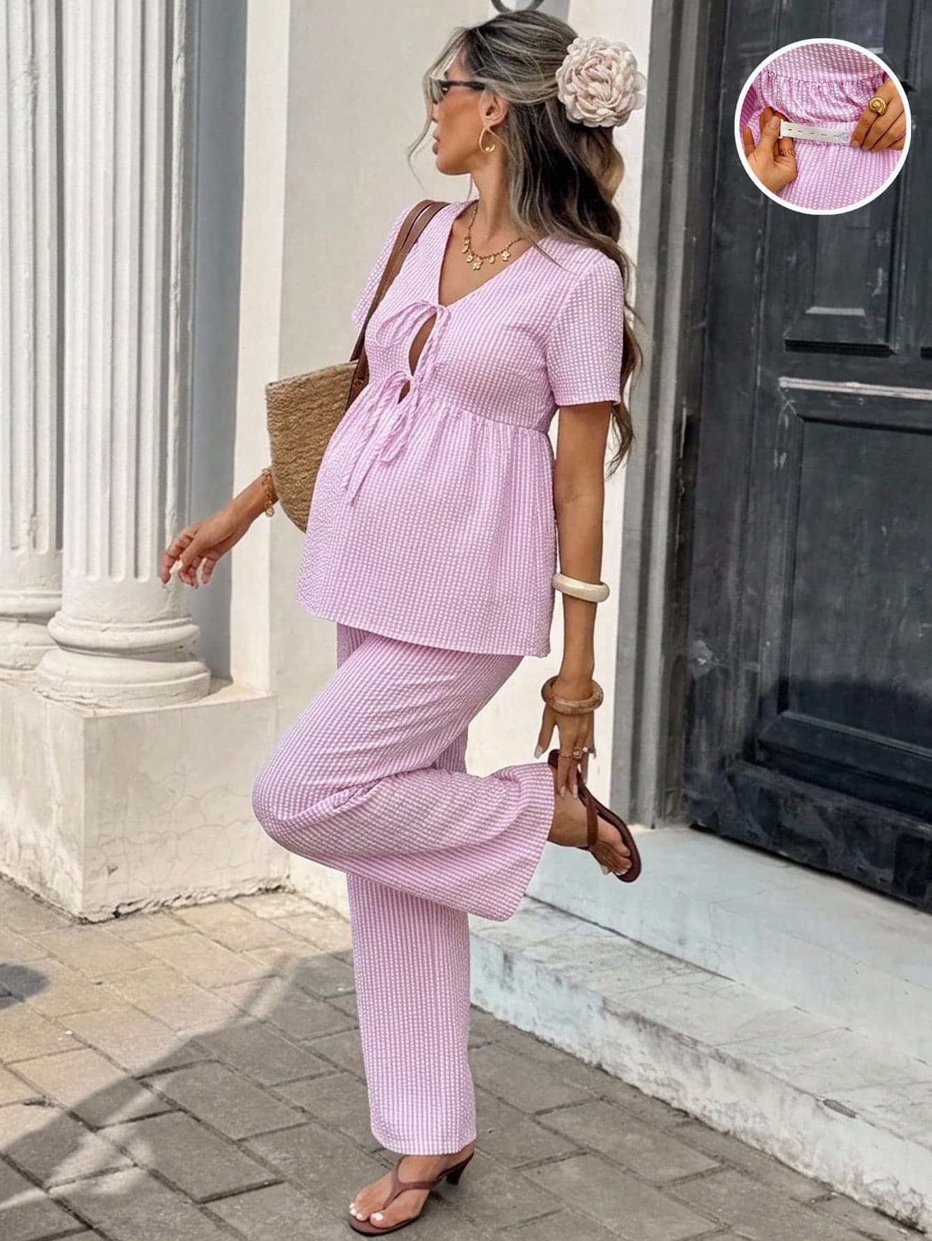 SHEIN 2pcs Maternity Plaid Tie-Waist Ruched Short Sleeve Top And Adjustable Waist Pants Casual Outfit