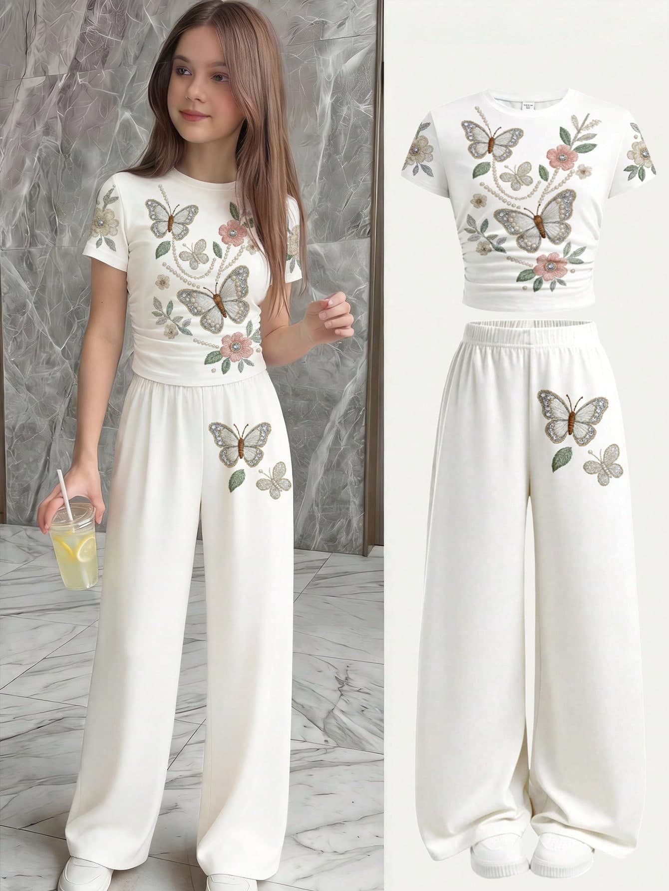 SHEIN Girlism Tween Girl Floral Embroidery Round Neck Short Sleeve T-Shirt And Pants Casual Daily Outfit