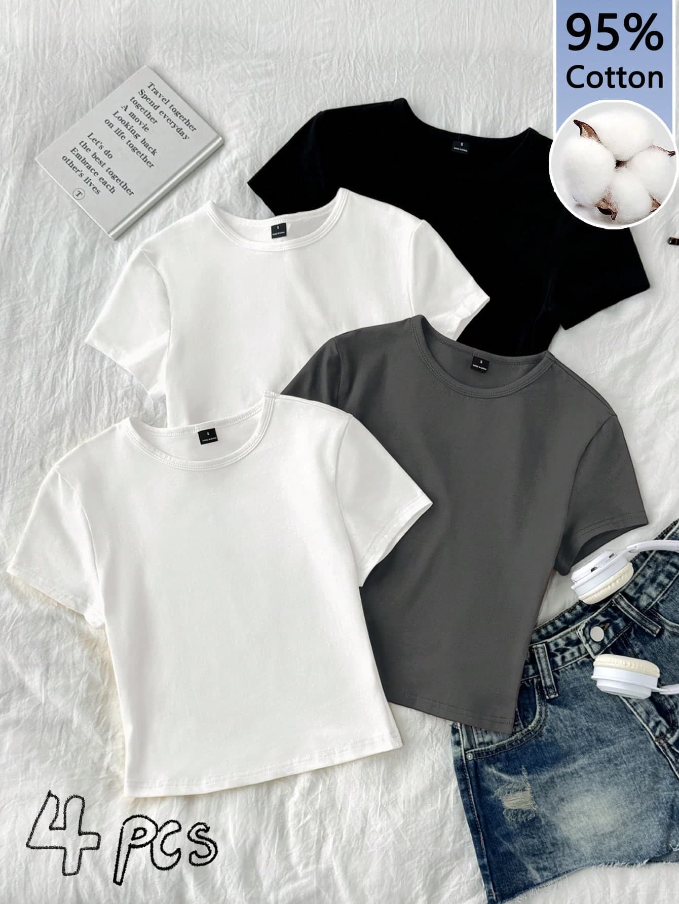 Tseoso 4pcs Set Casual Round Neck Raglan Short Sleeve Fitted Women T-Shirts, Suitable For Summer,Summer Top Stay At Home Black White Charcoal Gray