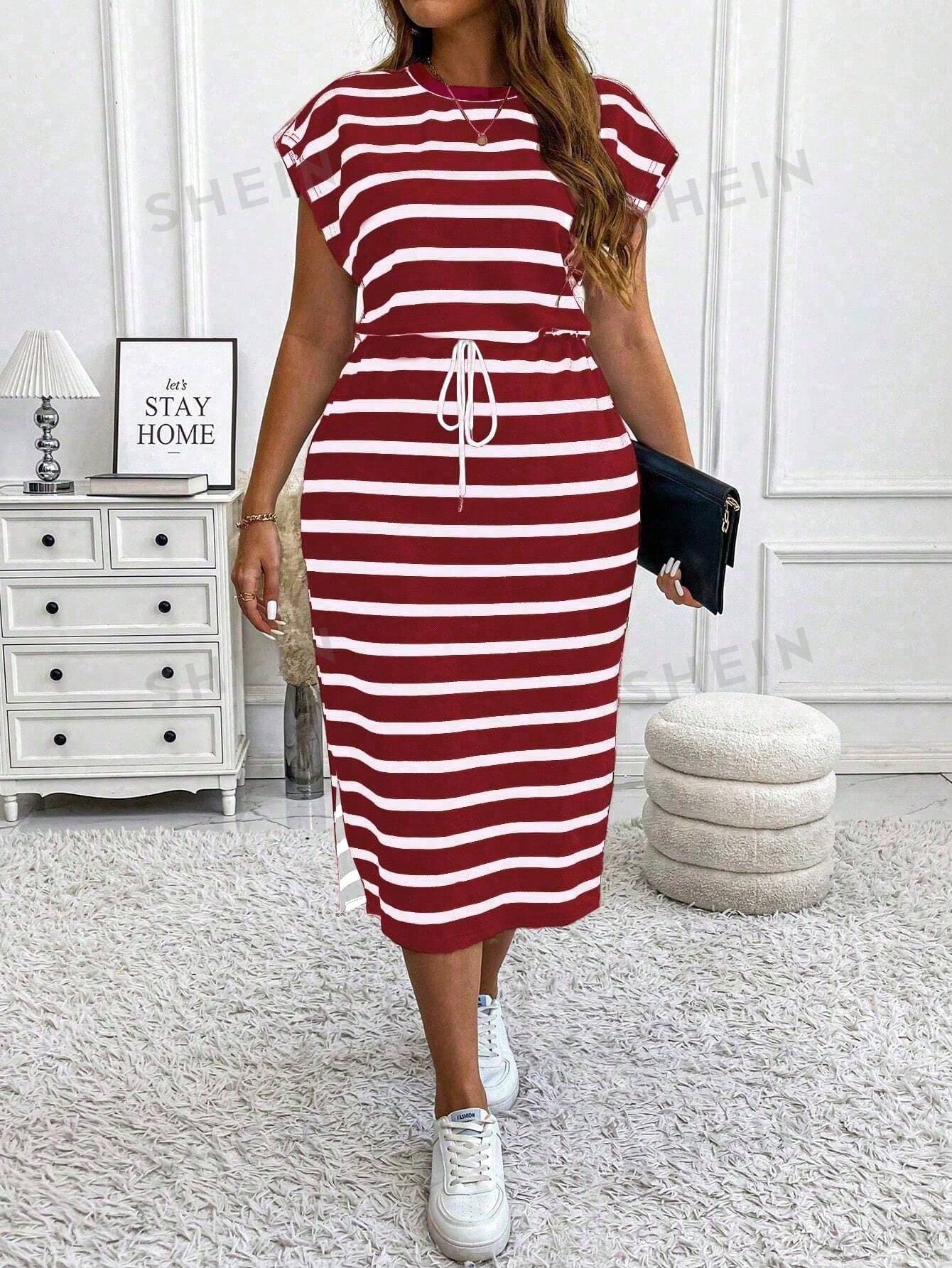 Vionelle Plus Size Knitted Striped Round Neck Puff Sleeve Bodycon Split Drawstring Mid-Calf Casual Dress, Autumn/Winter, For Thanksgiving Maxi Women Outfit