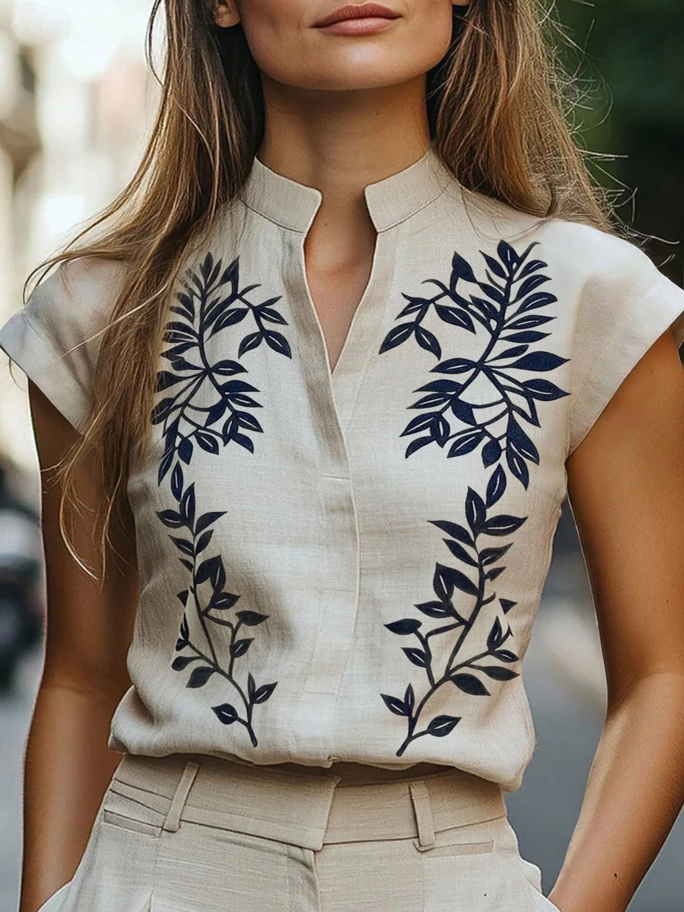 SHEIN LUNE Women's Plant Pattern V-Neck Casual Shirt