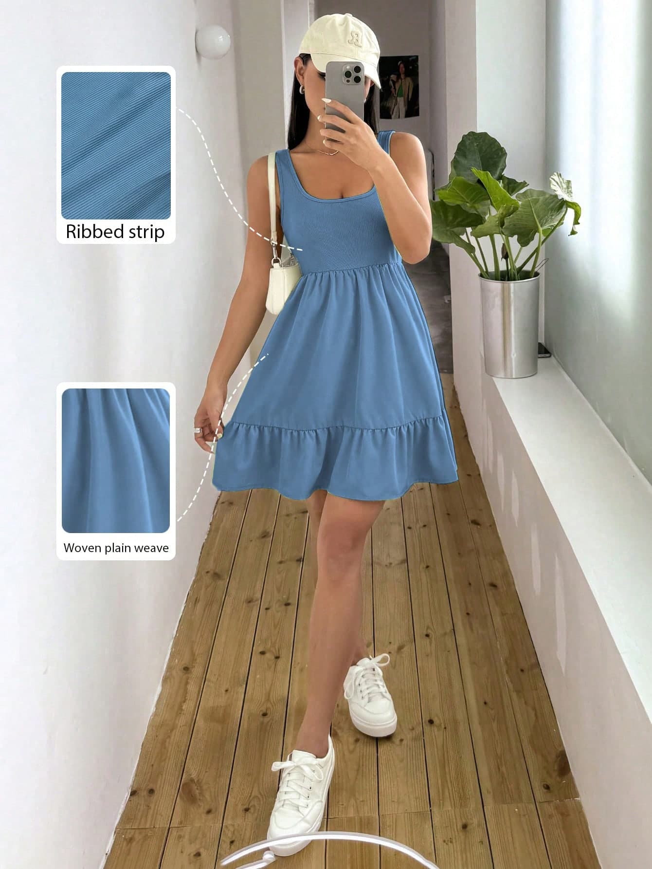 SHEIN Unity Women Ribbed Patchwork Solid Color Ruffle Hem Sleeveless Dress