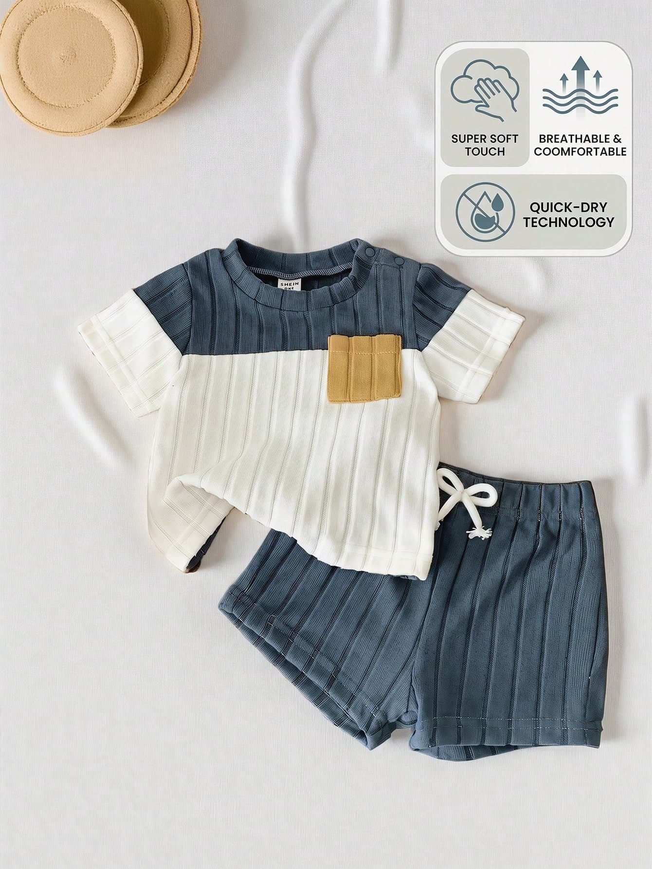 SHEIN Vintaside Kids 2pcs/Set Toddler Baby Boy Ribbed Contrast Color T-Shirt And Blue Pants Outfit, Casual Comfortable All-Match Suitable For All Occasions In Summer