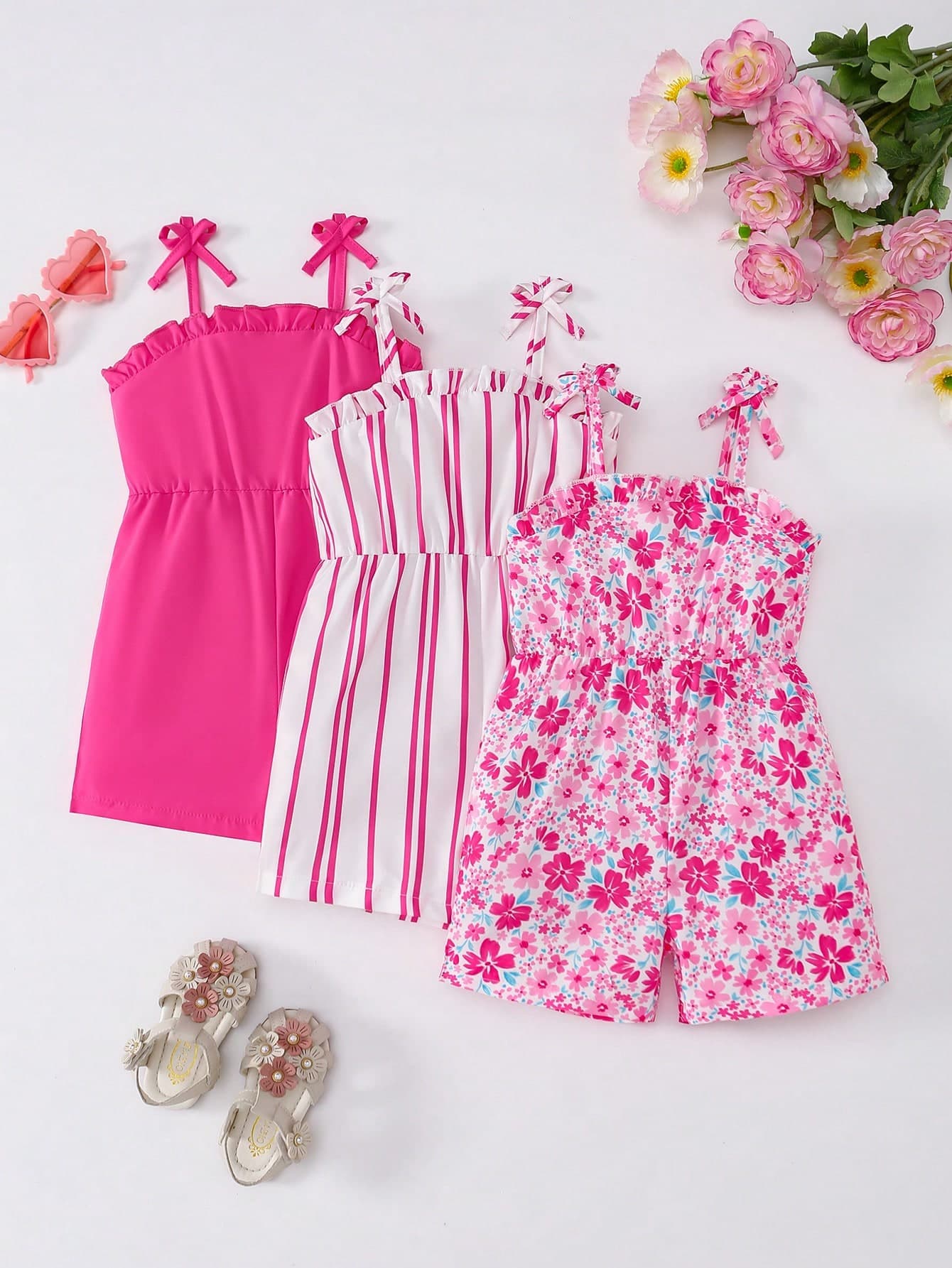 Souflis Souflis Baby Girl 3pcs Summer Sweet Cute Casual Vacation Style Solid Color, Striped, Floral Print Tie Shoulder Ruffle Trim Romper